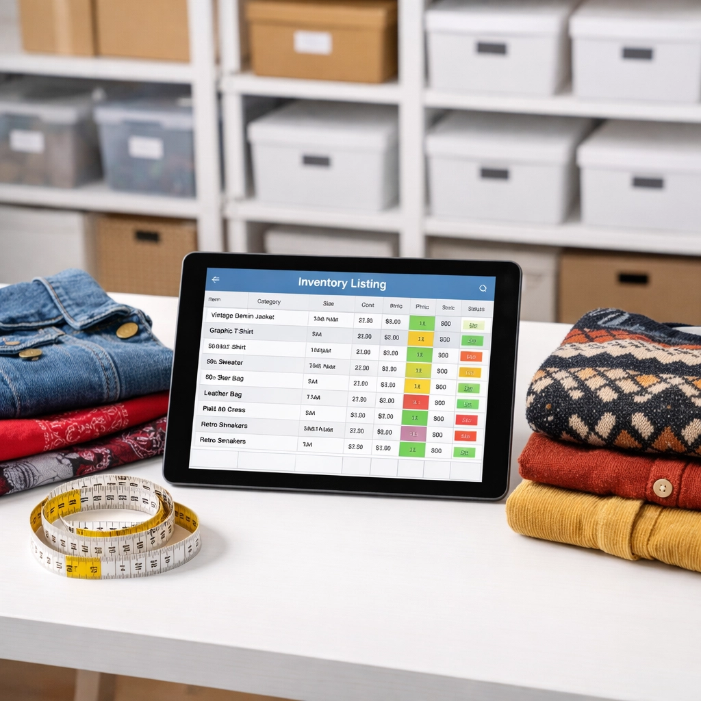 Digital inventory spreadsheet on a tablet at a professional reseller workspace with vintage clothing.