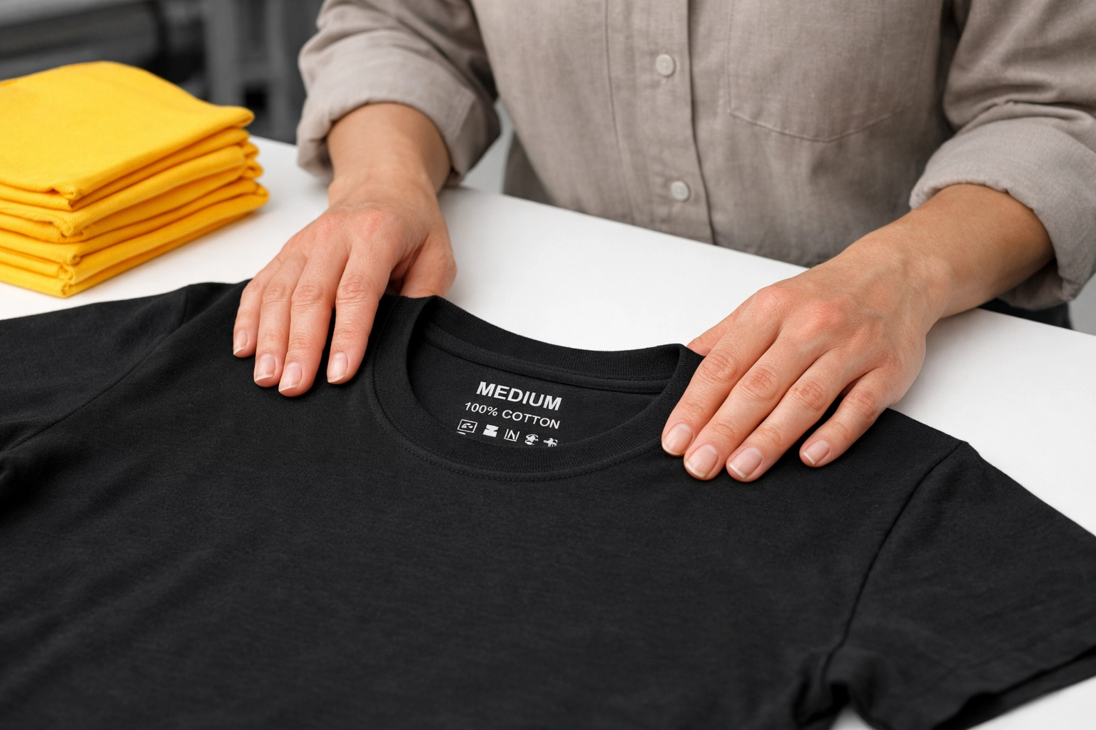 Inspecting a custom printed neck label during the quality control process for custom shirts.