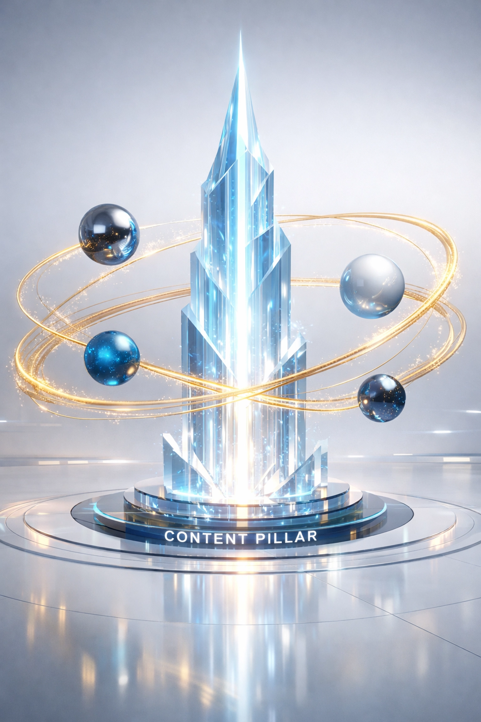 A central light spire connected to orbiting spheres representing a blog content pillar and cluster strategy.