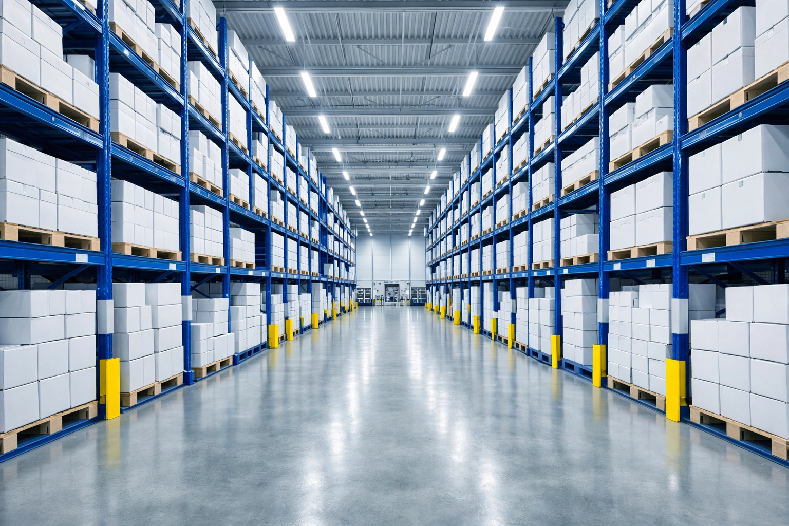 Clean and dust-free retail warehouse in Taunton featuring organized high-bay inventory shelving.