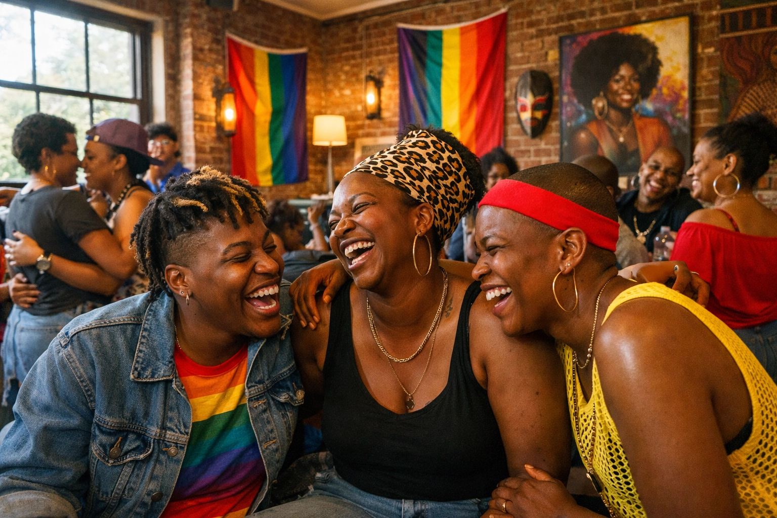 Black queer friends celebrating community at Harlem LGBTQ+ center