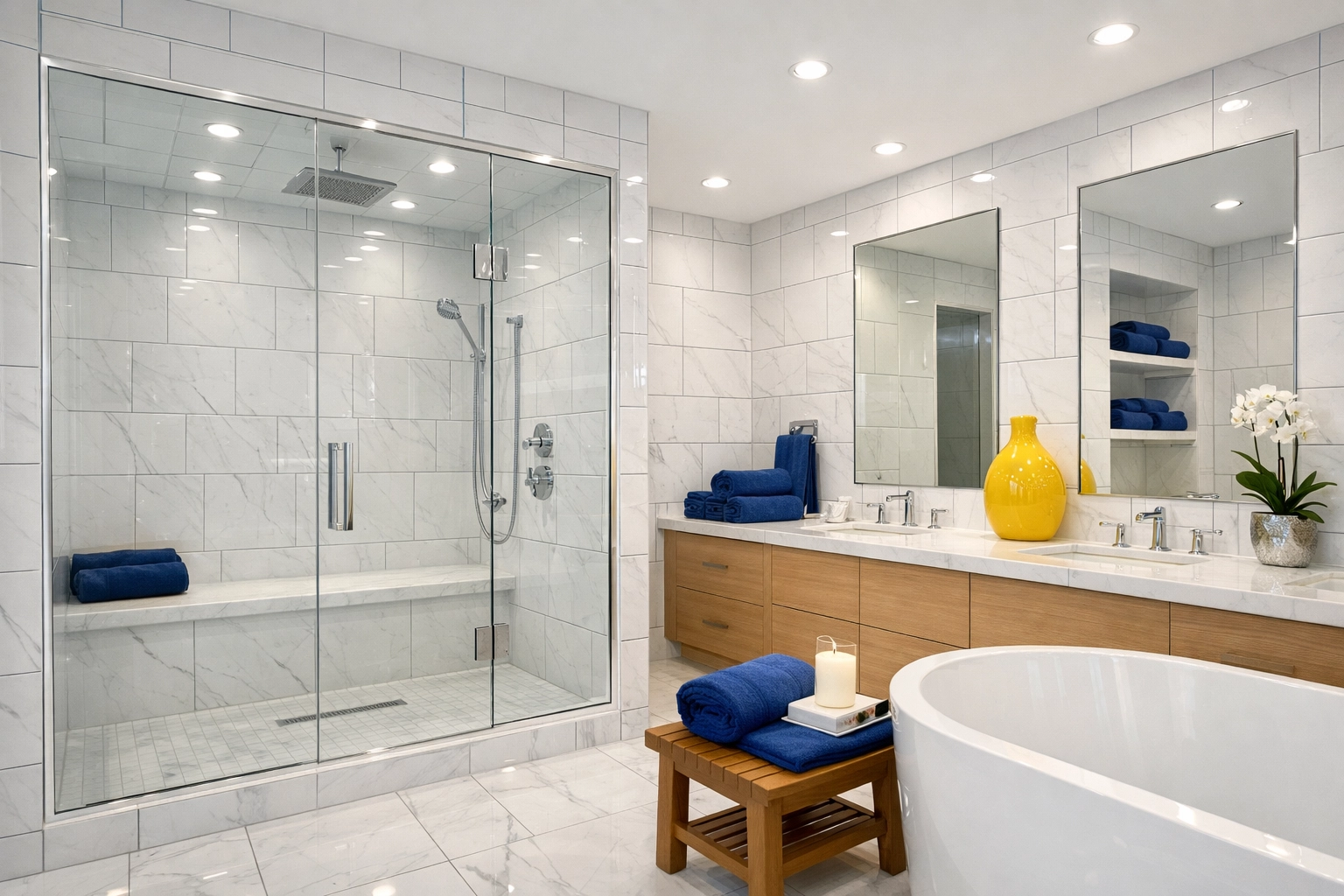 Sparkling luxury bathroom with perfectly clean floor-to-ceiling tiles and bright grout lines.