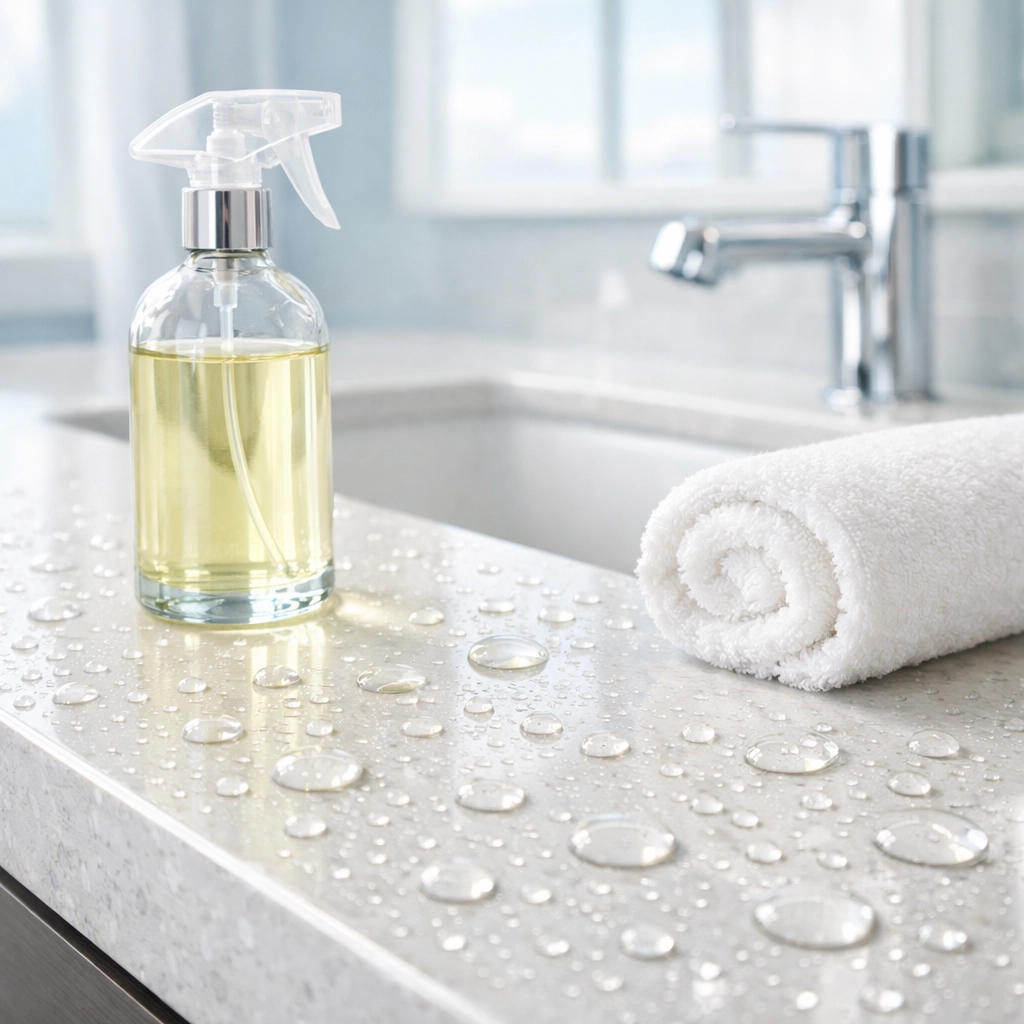 Eco-friendly cleaning spray and towel on a luxury quartz bathroom vanity in a Massachusetts home.