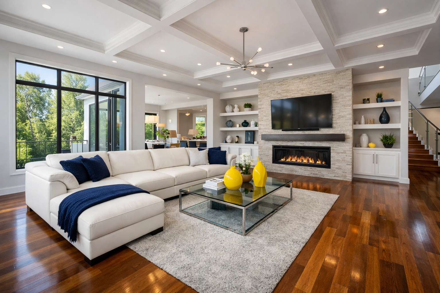 A spotless modern living room with hardwood floors maintained by bi weekly house cleaning services.