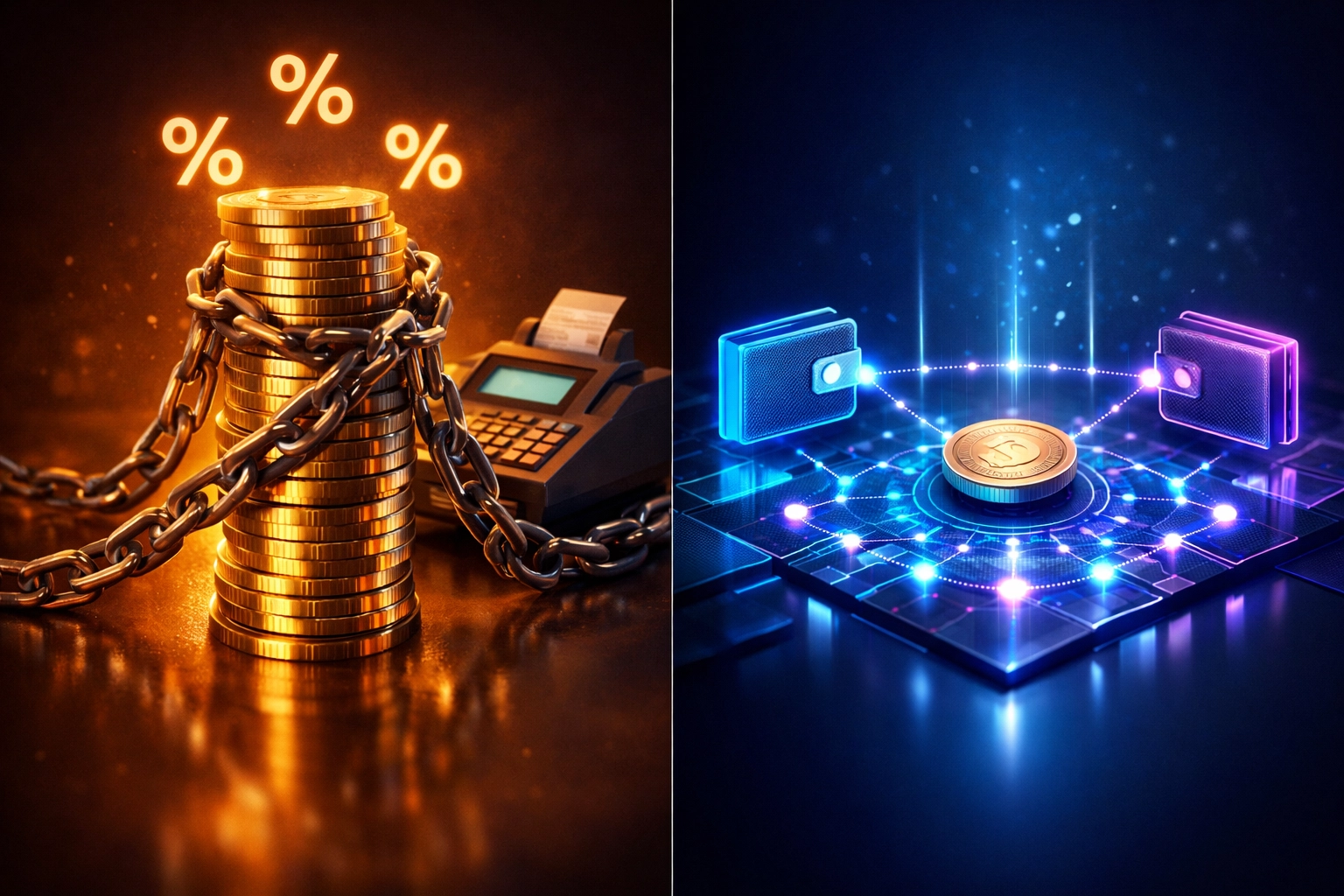 Traditional payment fees vs self-custody crypto payments flat-fee comparison visualization