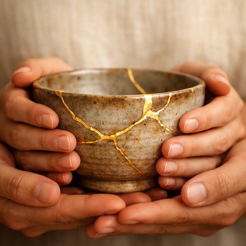Hands holding a Kintsugi bowl repaired with gold, representing healing and strength through psychotherapy.