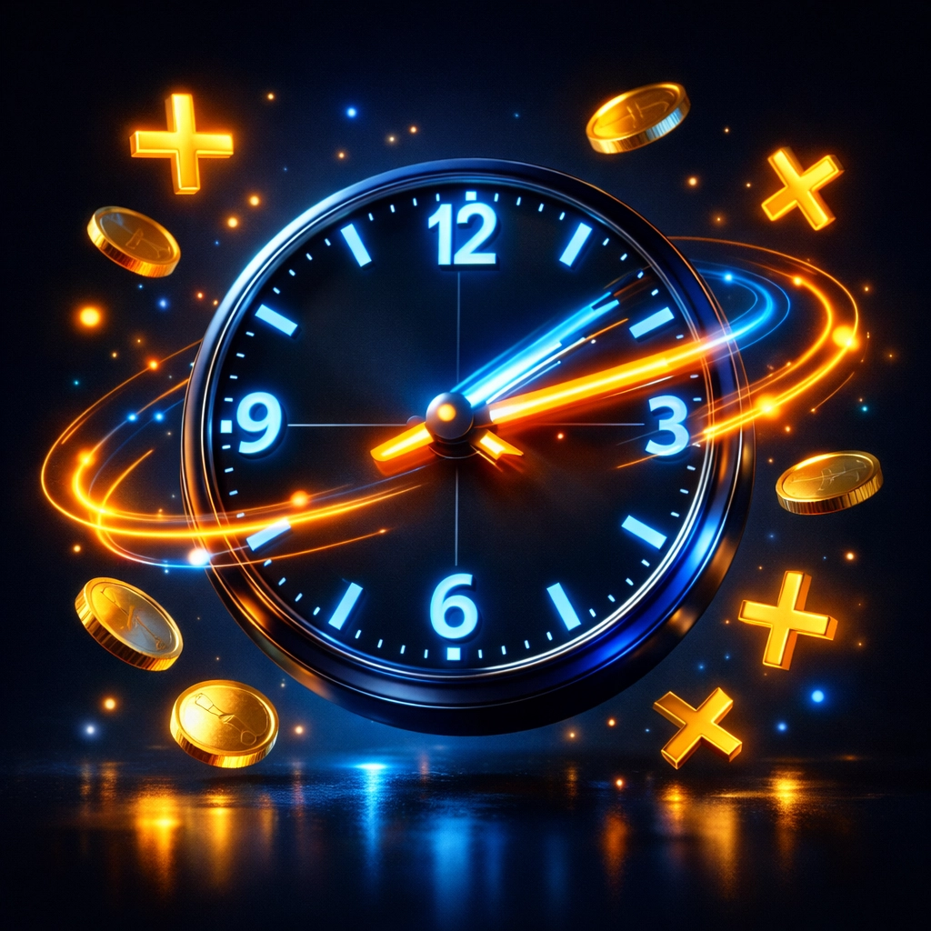 Glowing clock with currency and math symbols representing overtime pay calculations.