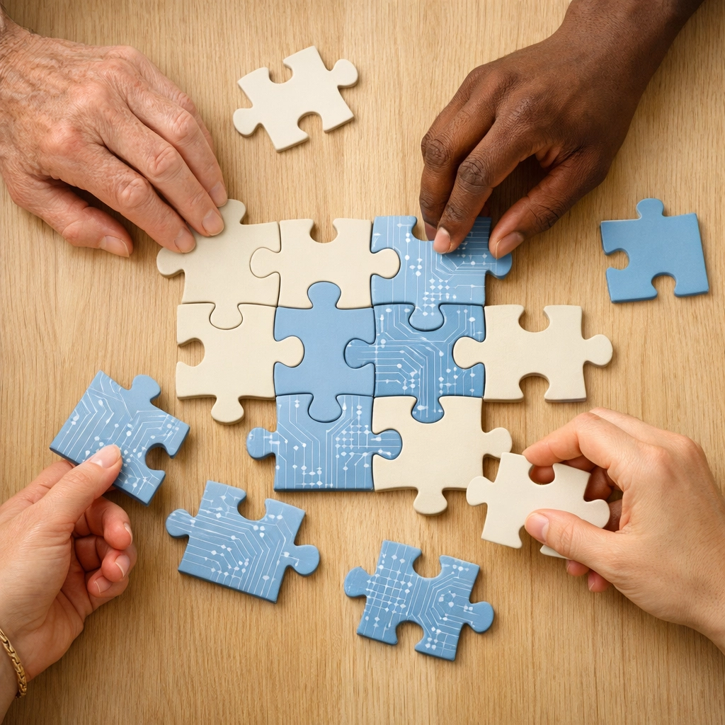 Diverse hands assembling puzzle pieces representing human-centered AI collaboration and team integration
