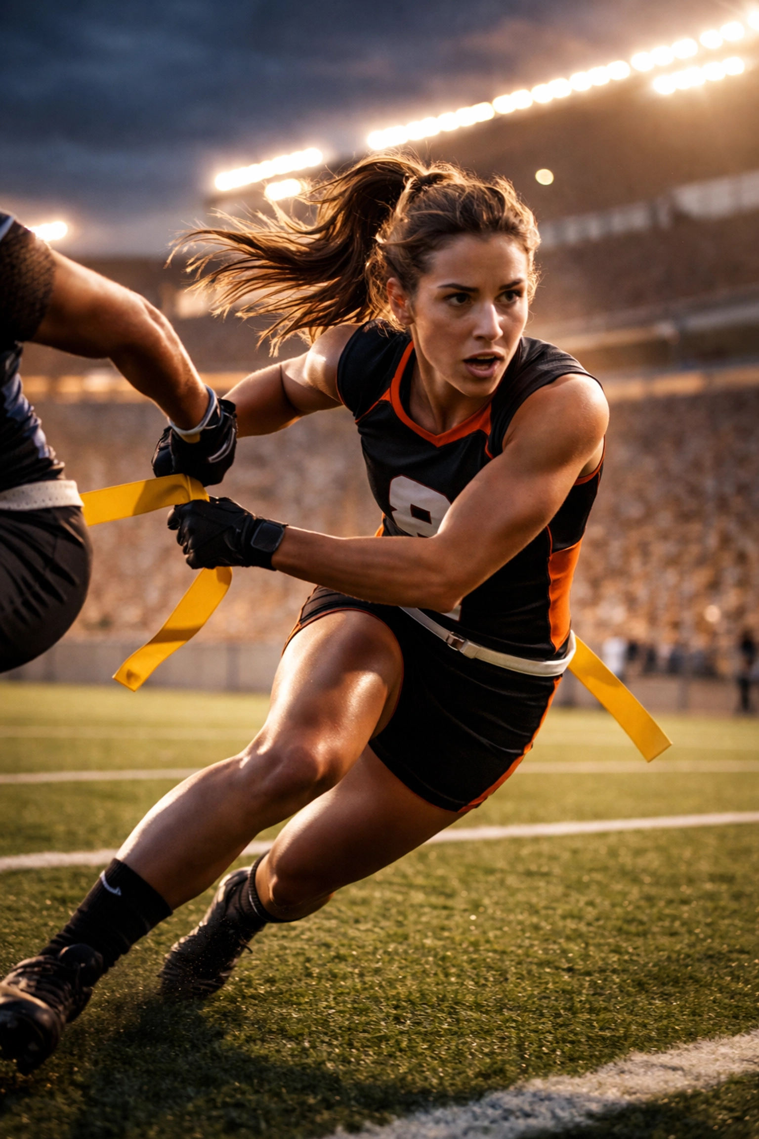 Female flag football player sprinting and pulling a flag in a stadium, showcasing the sport's speed and energy