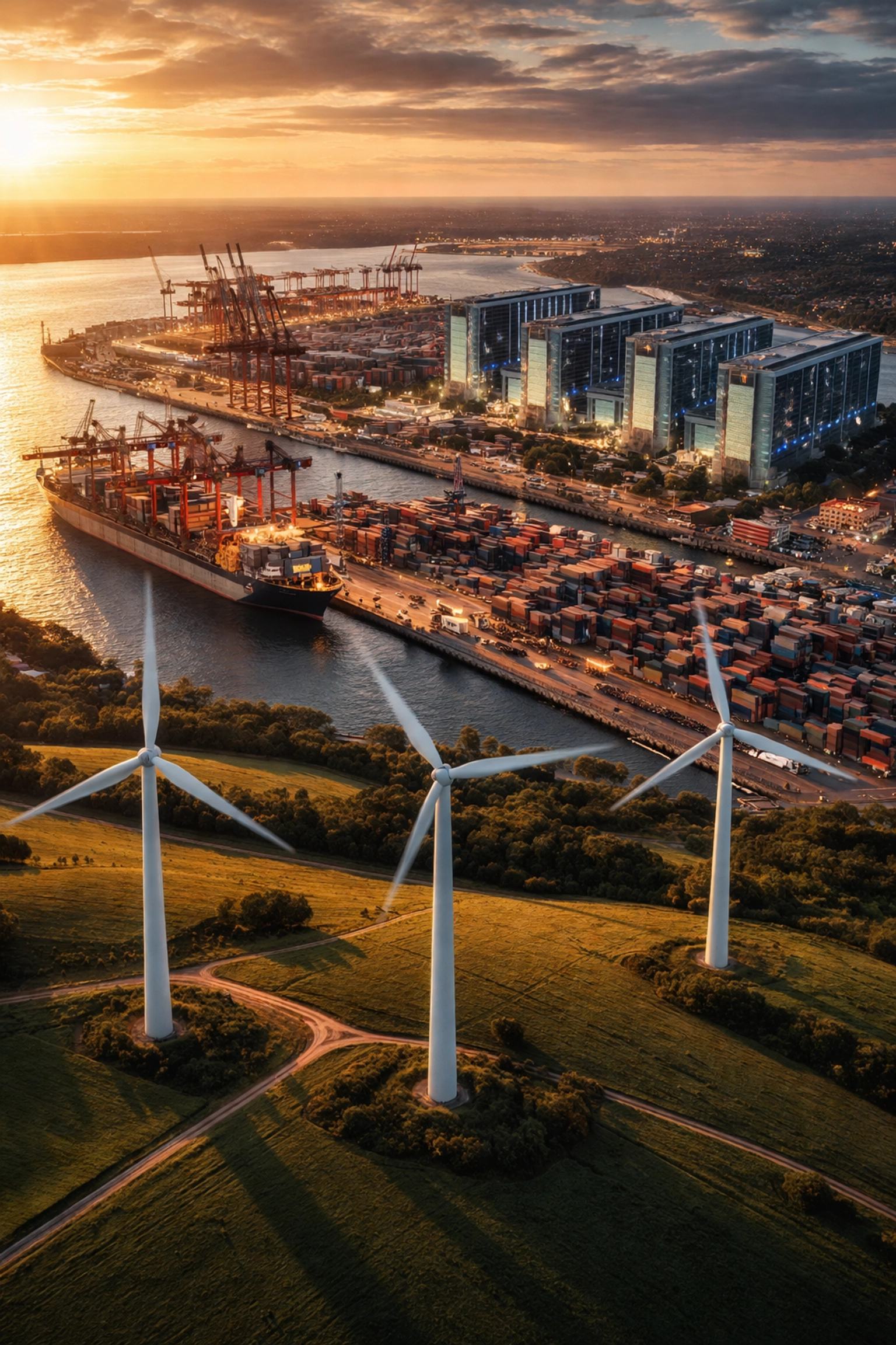 Diverse real assets including wind farm, shipping port, and data centers representing alternative investment opportunities.