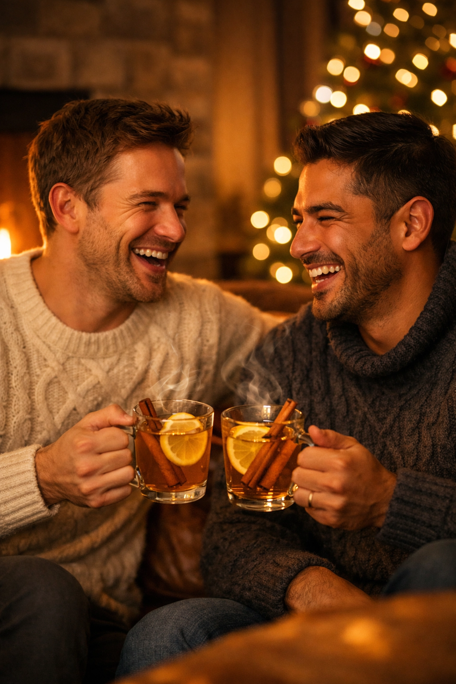 Two men enjoying hot toddy cocktails by the fireplace on a cozy winter evening