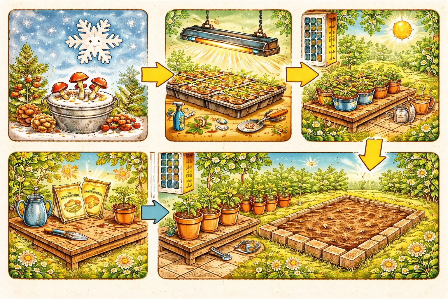 Whimsical storybook illustration of a seasonal timeline using simple gardening icons from winter through spring