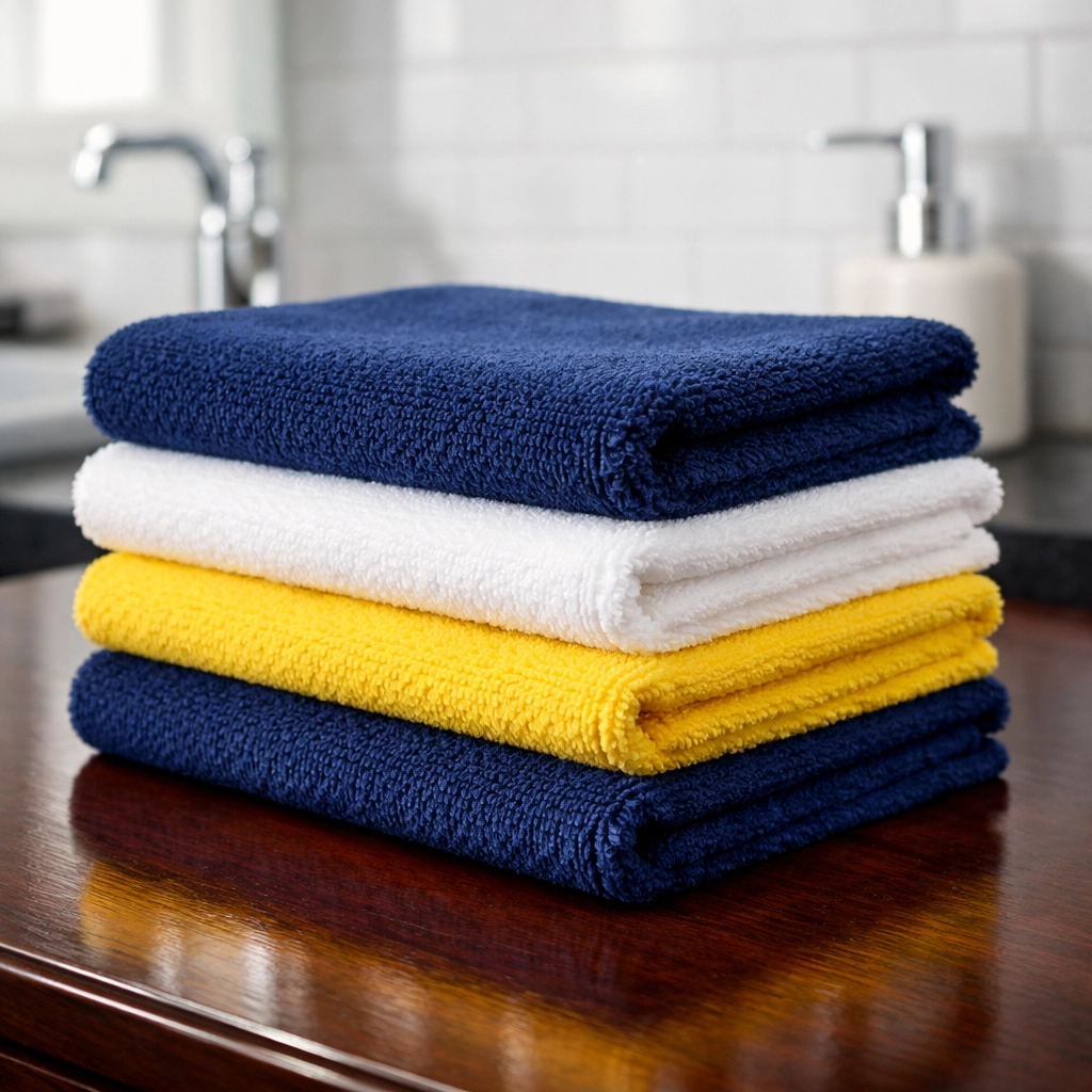 Sanitized microfiber cloths for professional residential cleaning Massachusetts in a high-end Dover bathroom.