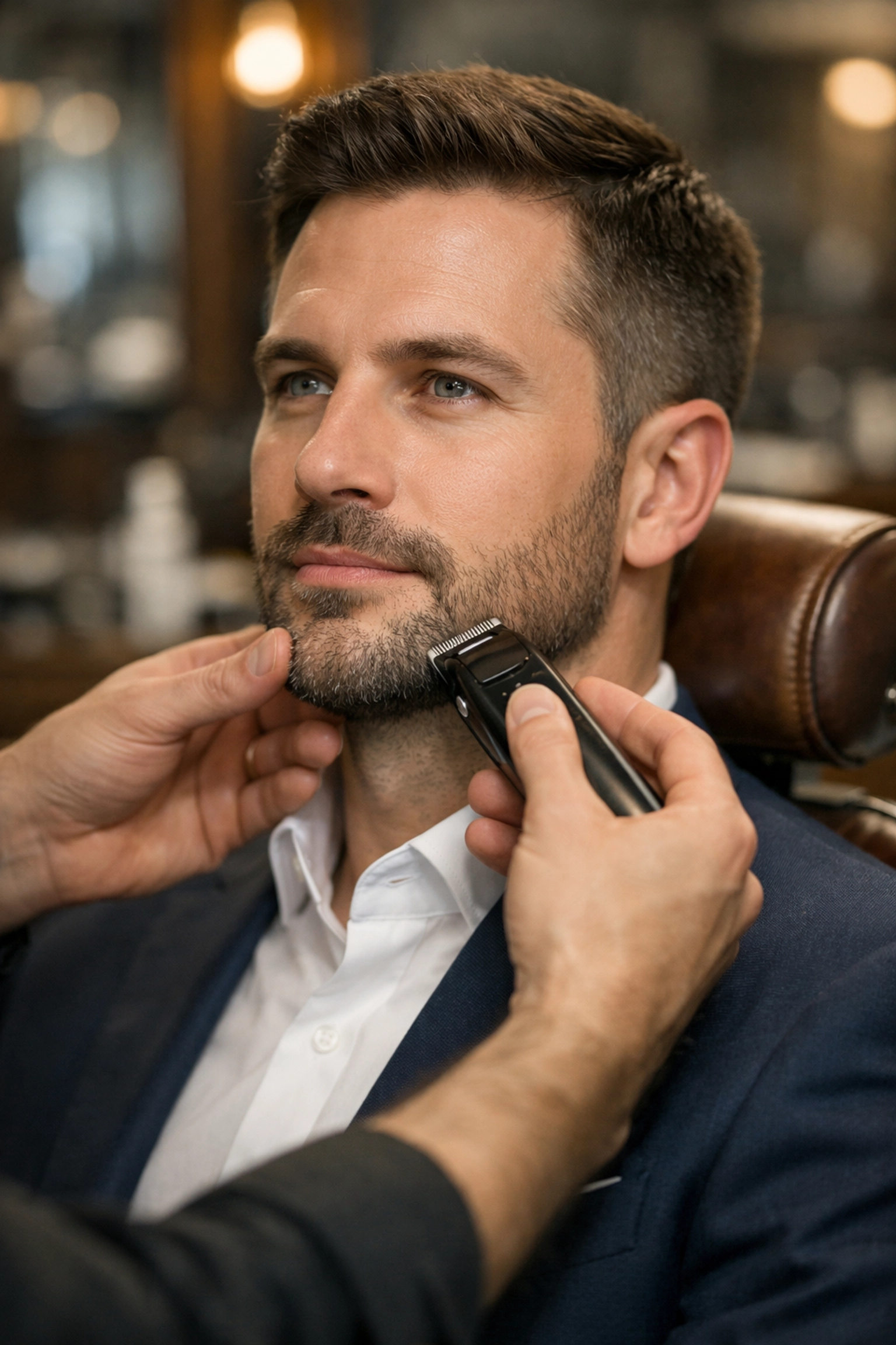 Professional man getting a beard trim to prepare for his corporate headshot session.