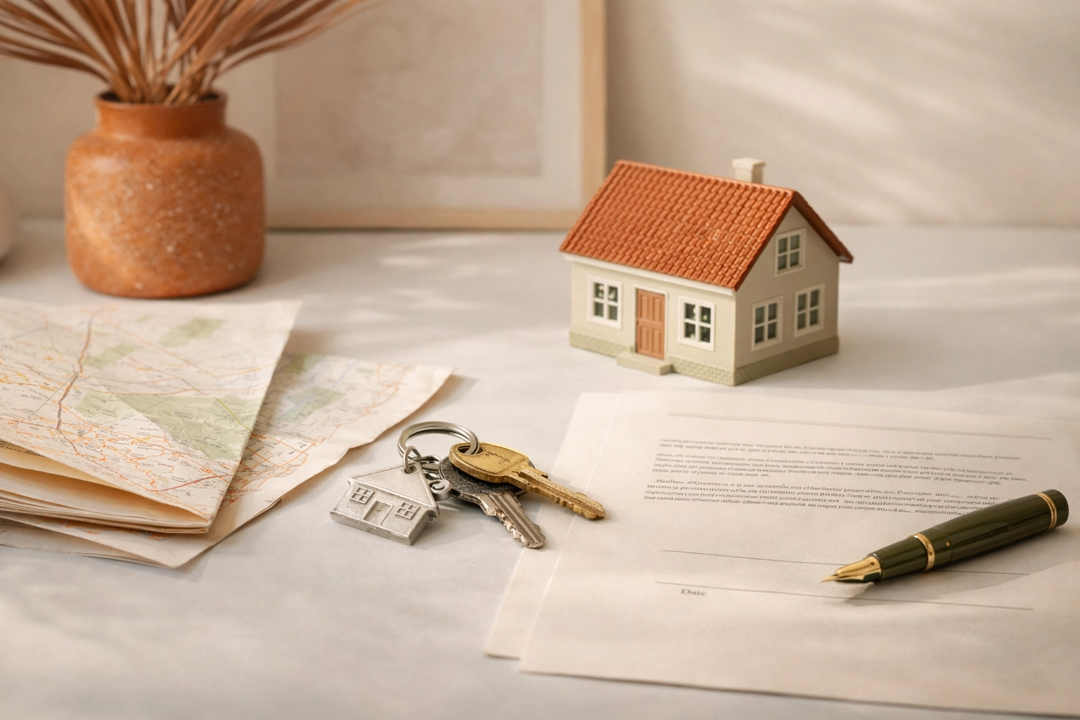 Keys, a folded map, and legal papers arranged for a child custody relocation issue in Fredericksburg, VA