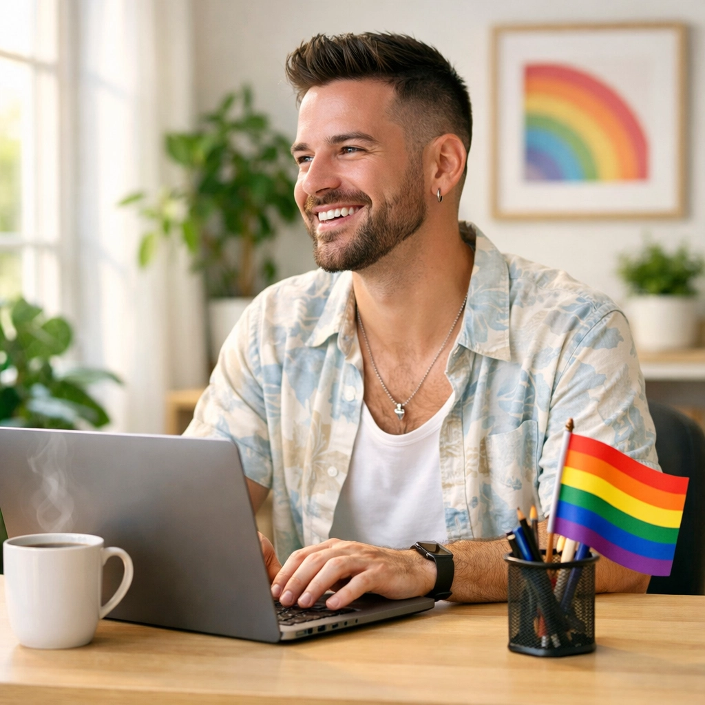 A man writing an LGBTQ+ ebook in a bright home office, representing gay authors and publishing.