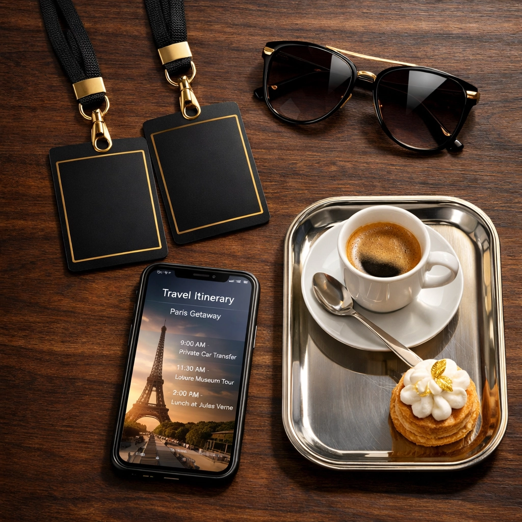 Elite concierge travel essentials including a digital itinerary, VIP passes, and gourmet coffee on a desk.