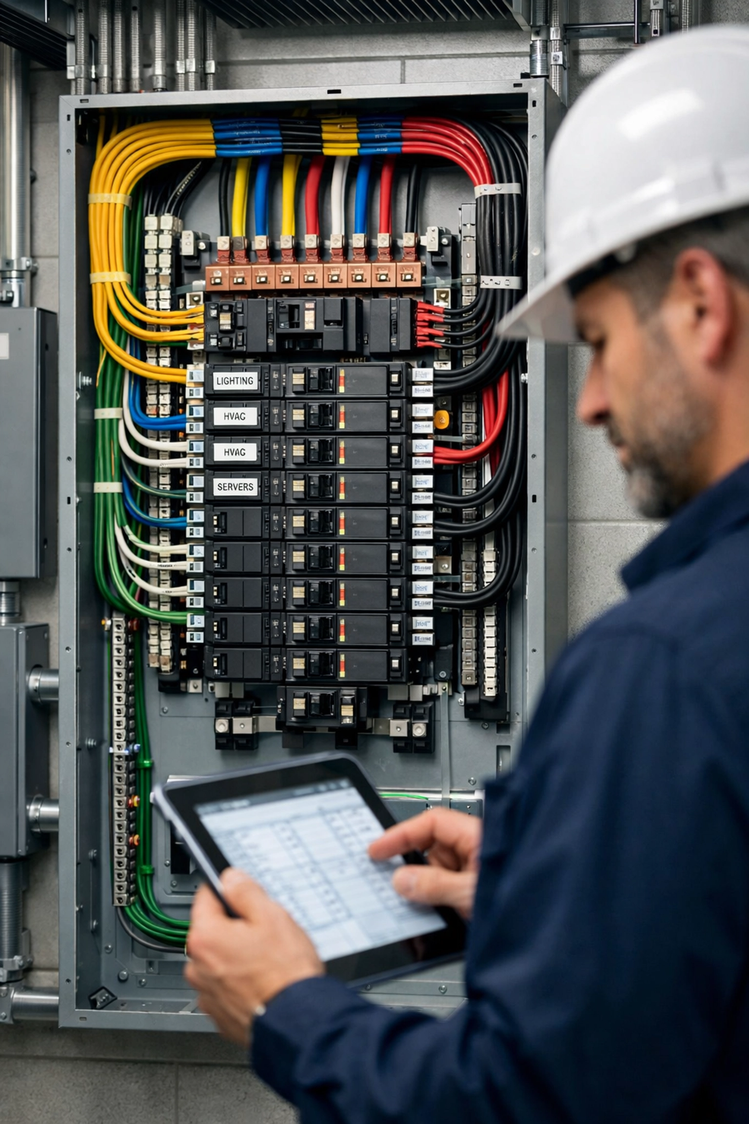Electrician using a tablet to inspect a modern circuit breaker panel for safety compliance.