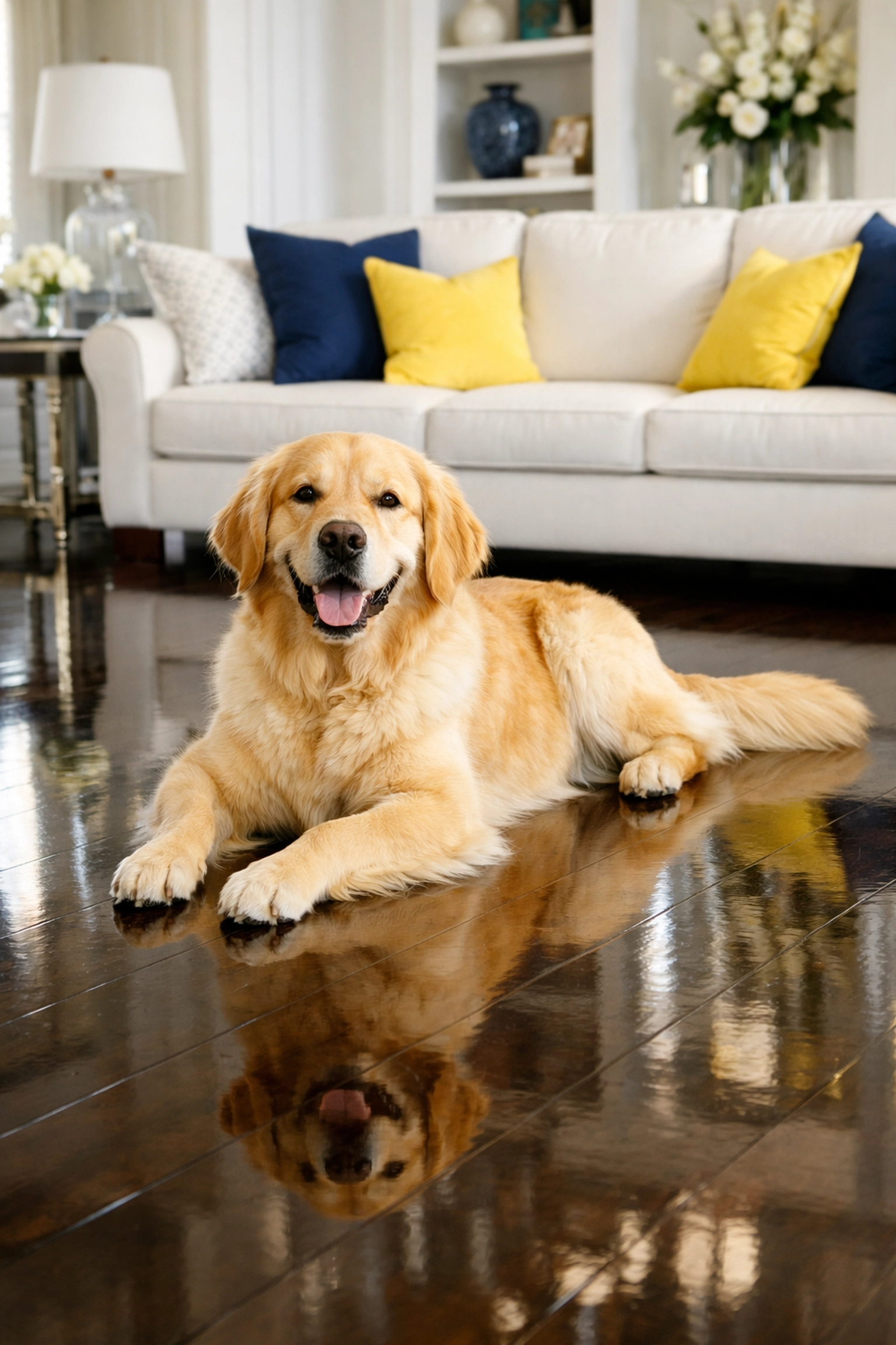 Golden Retriever relaxing on a pet-safe, polished hardwood floor in a clean luxury home family room.