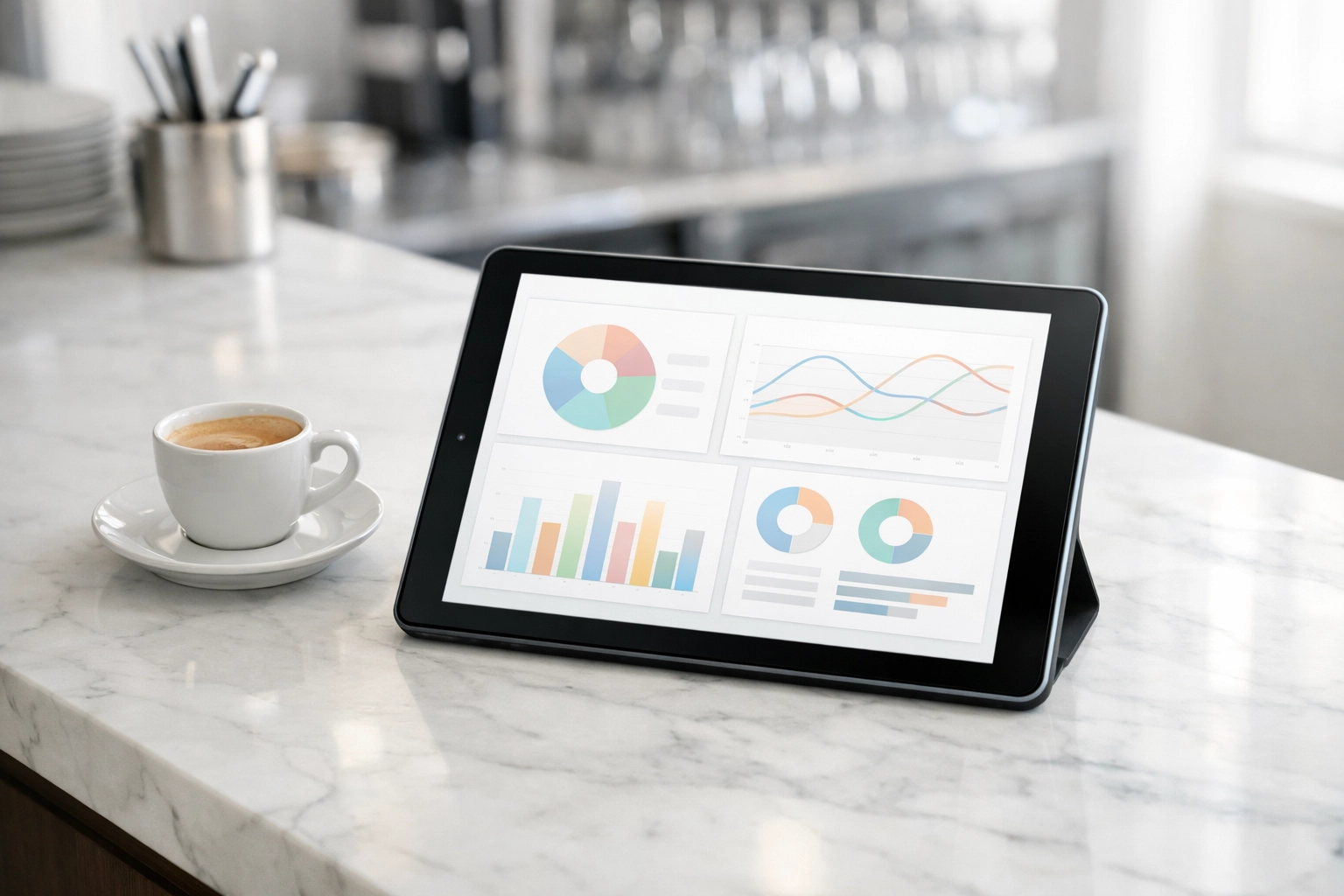 Digital tablet showing a restaurant expense dashboard for automated vendor invoice management.