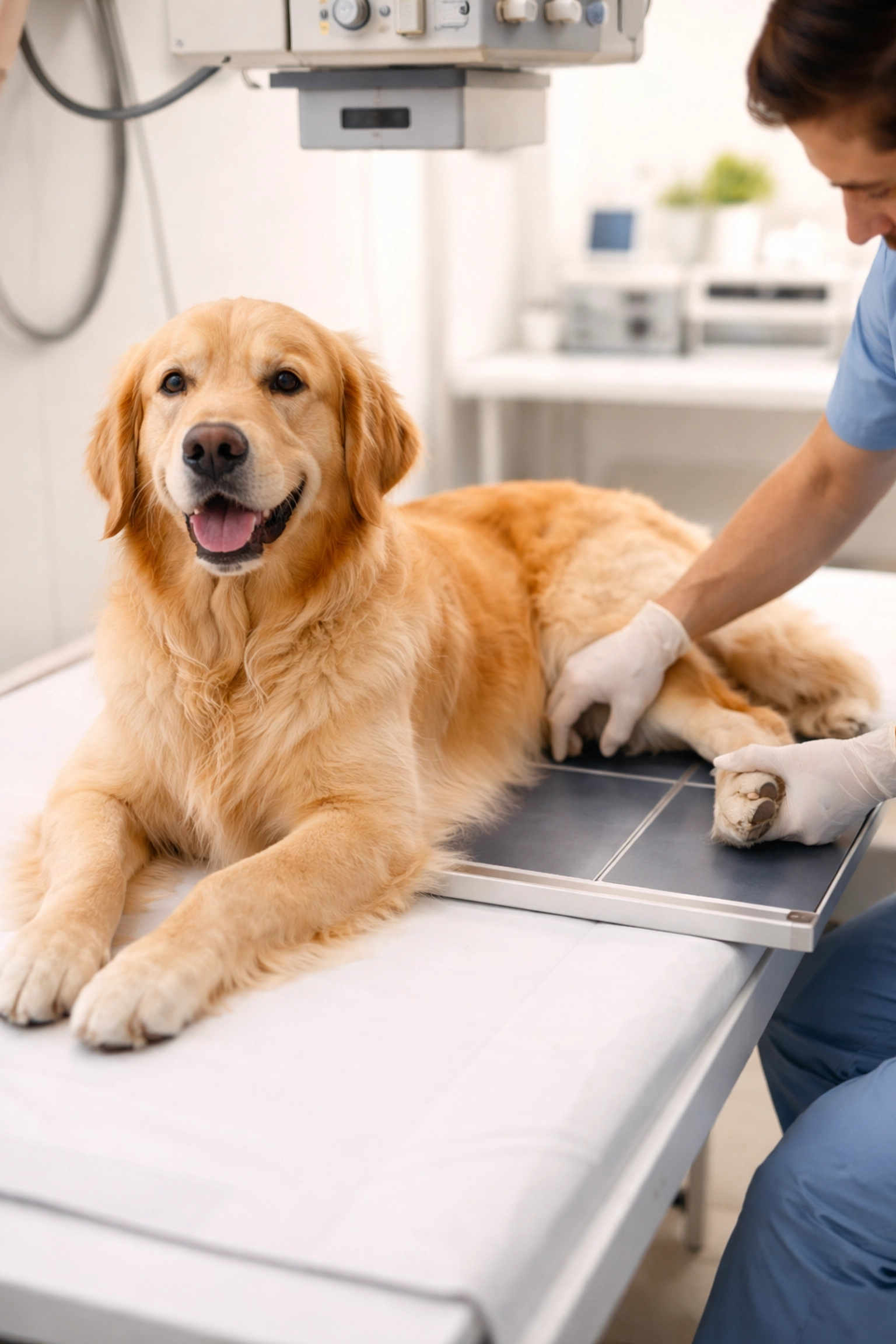 Golden Retriever being examined on a veterinary table for OFA hip dysplasia health screening in Oregon