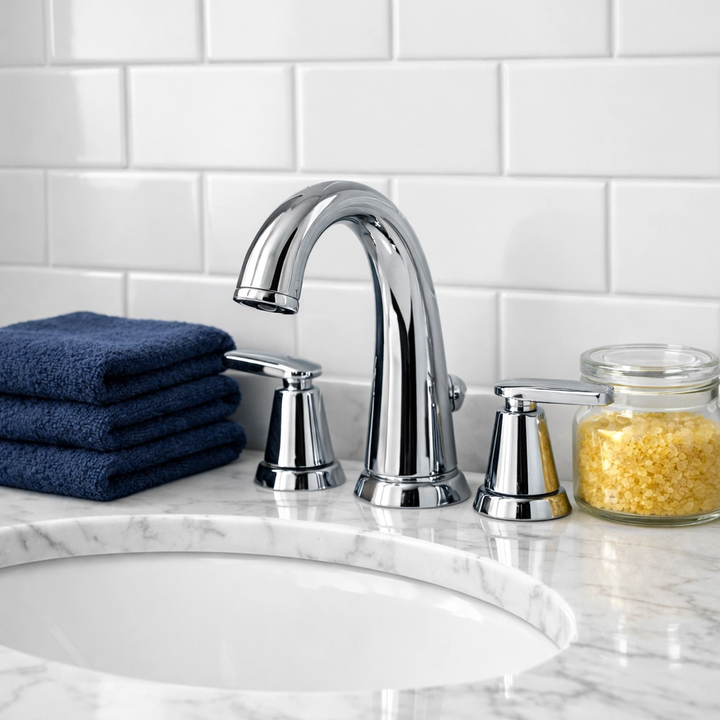 Spotless master bathroom in Boston with gleaming chrome fixtures and clean white subway tiles.
