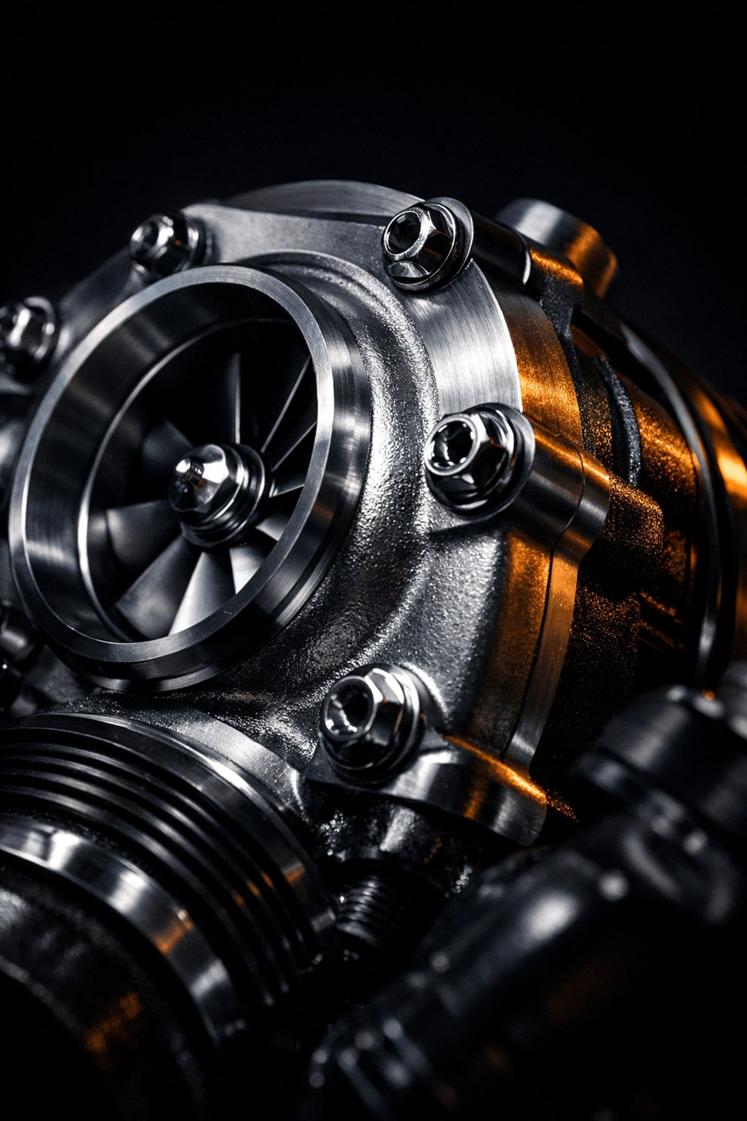 Professional macro product photography of an industrial component with dramatic studio lighting.