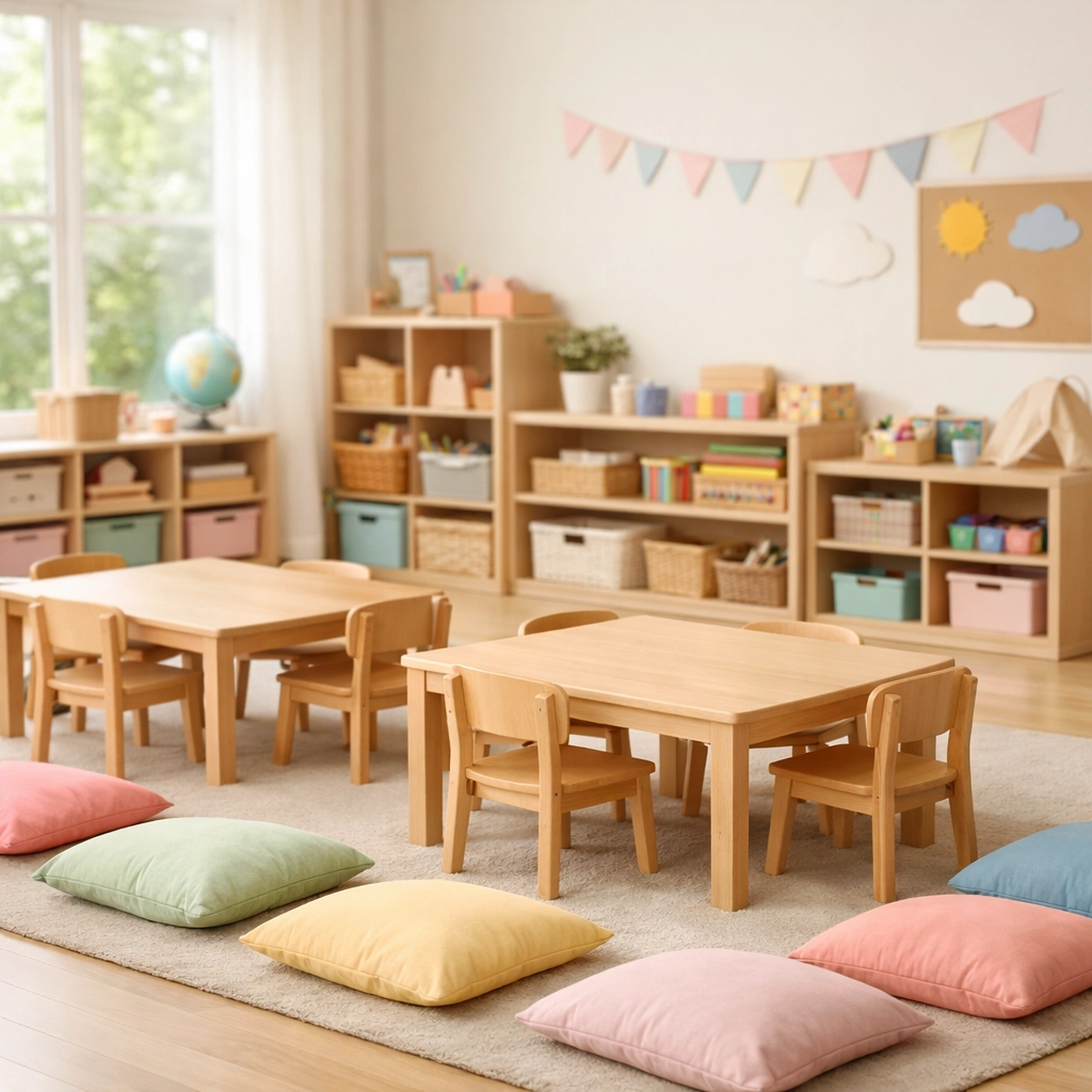 Clean, bright daycare classroom with learning materials