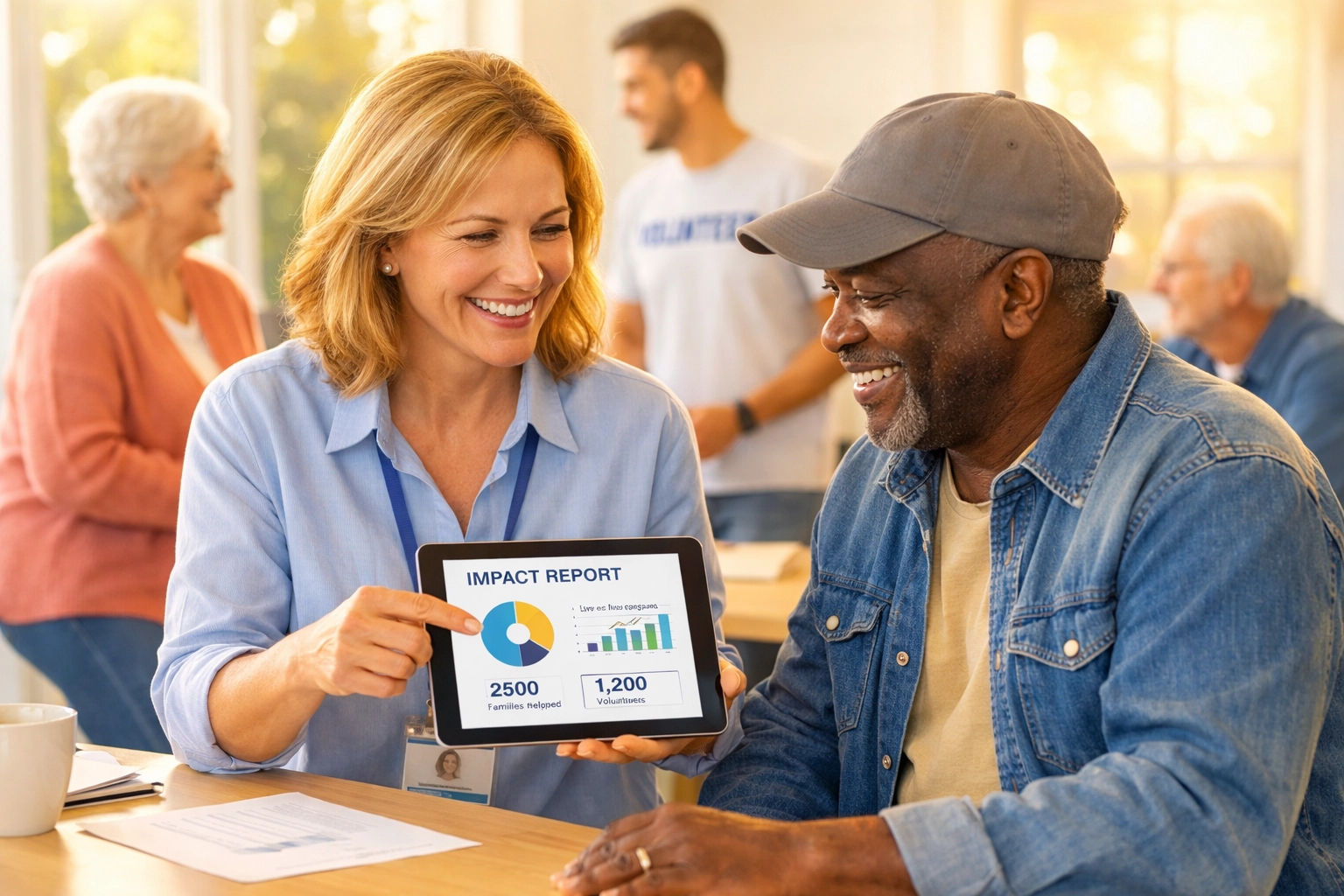 Friendly non-profit professional showing an impact report to a donor, illustrating personal connection.