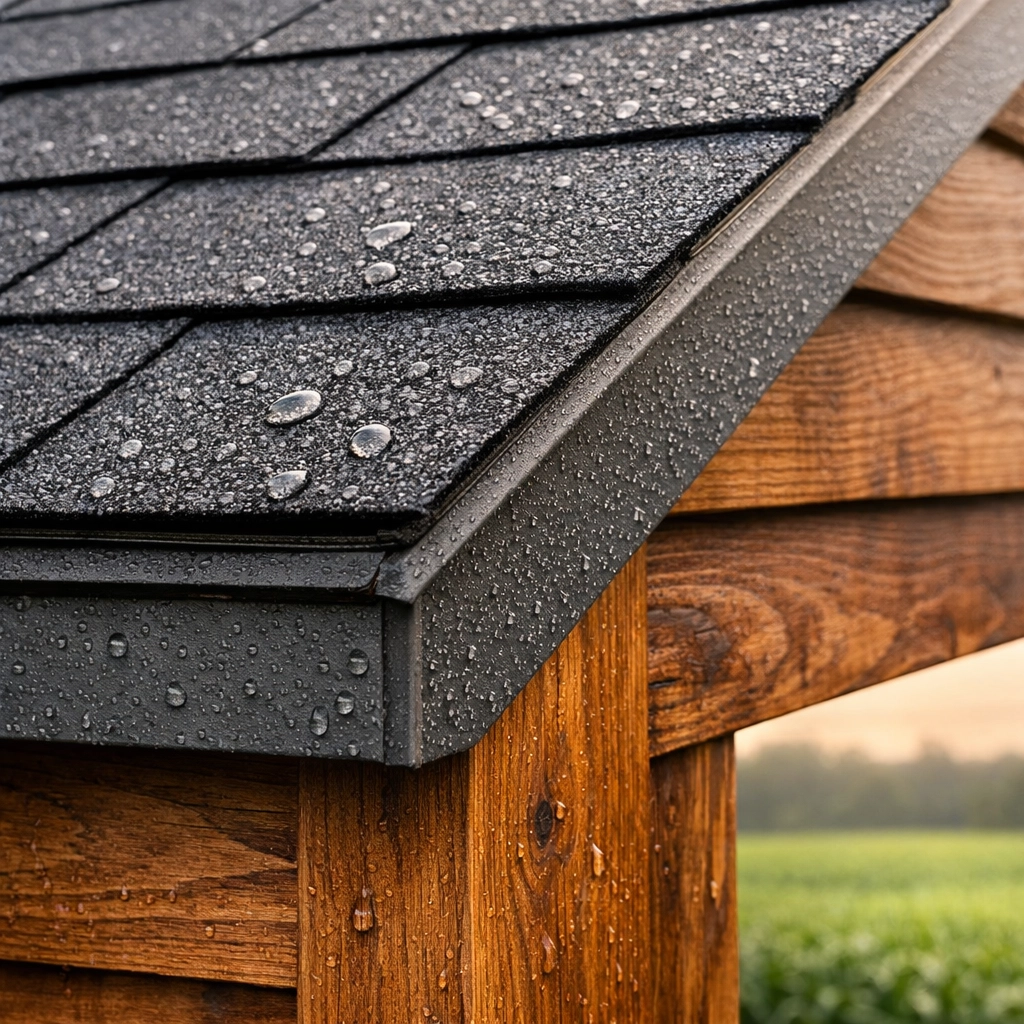 Close-up of durable CertainTeed roofing shingles and premium wood siding on a custom Nantucket shed.