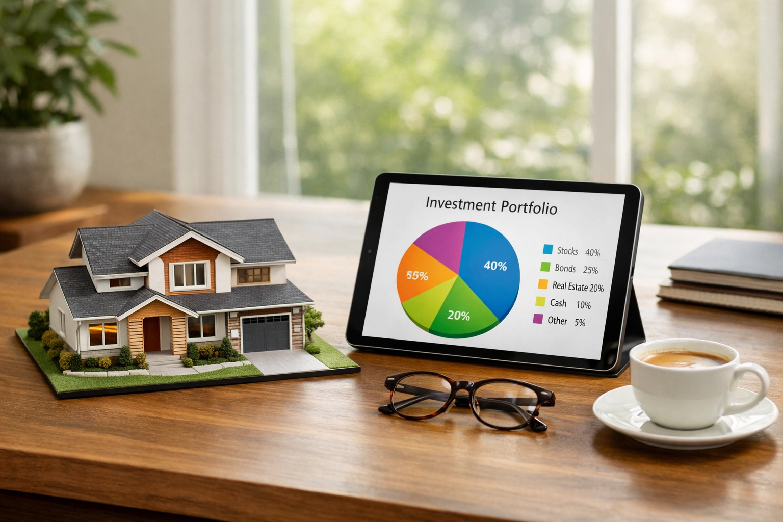 Modern desk with a house model and investment chart depicting a diversified investment strategy for your 30s.