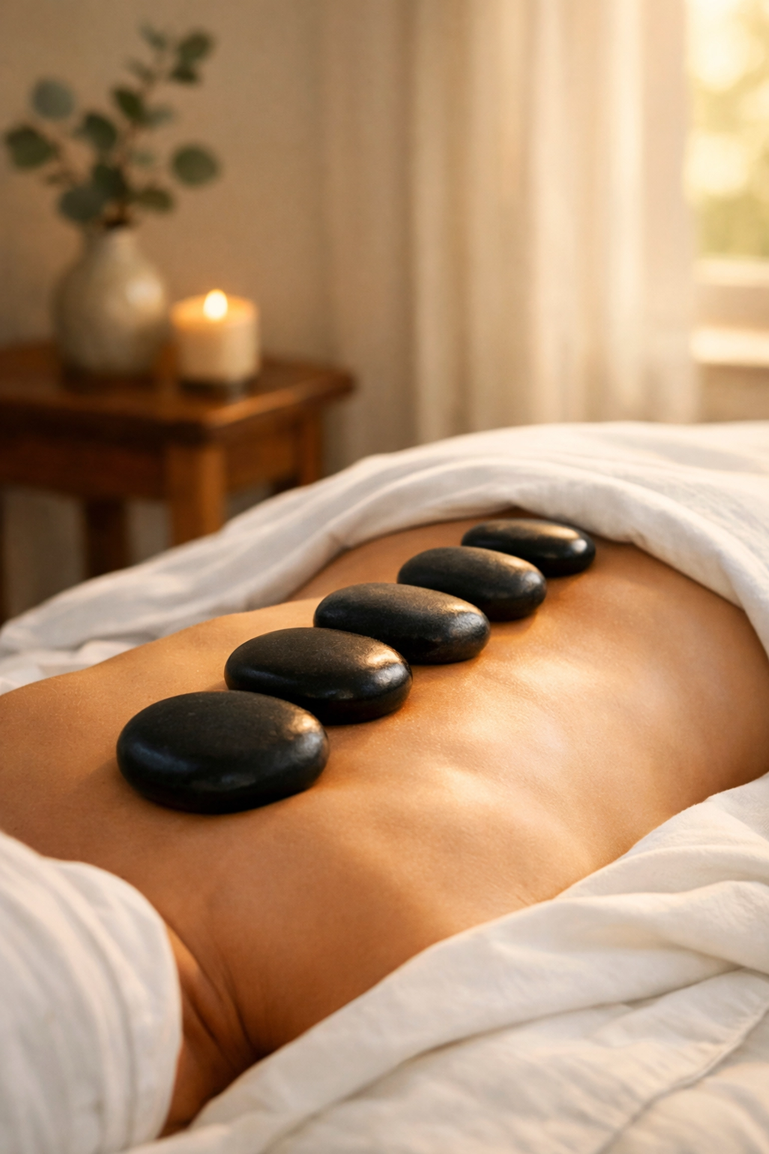 Warm basalt stones on a client's back during a relaxing hot stone massage therapy session in Edmonton.