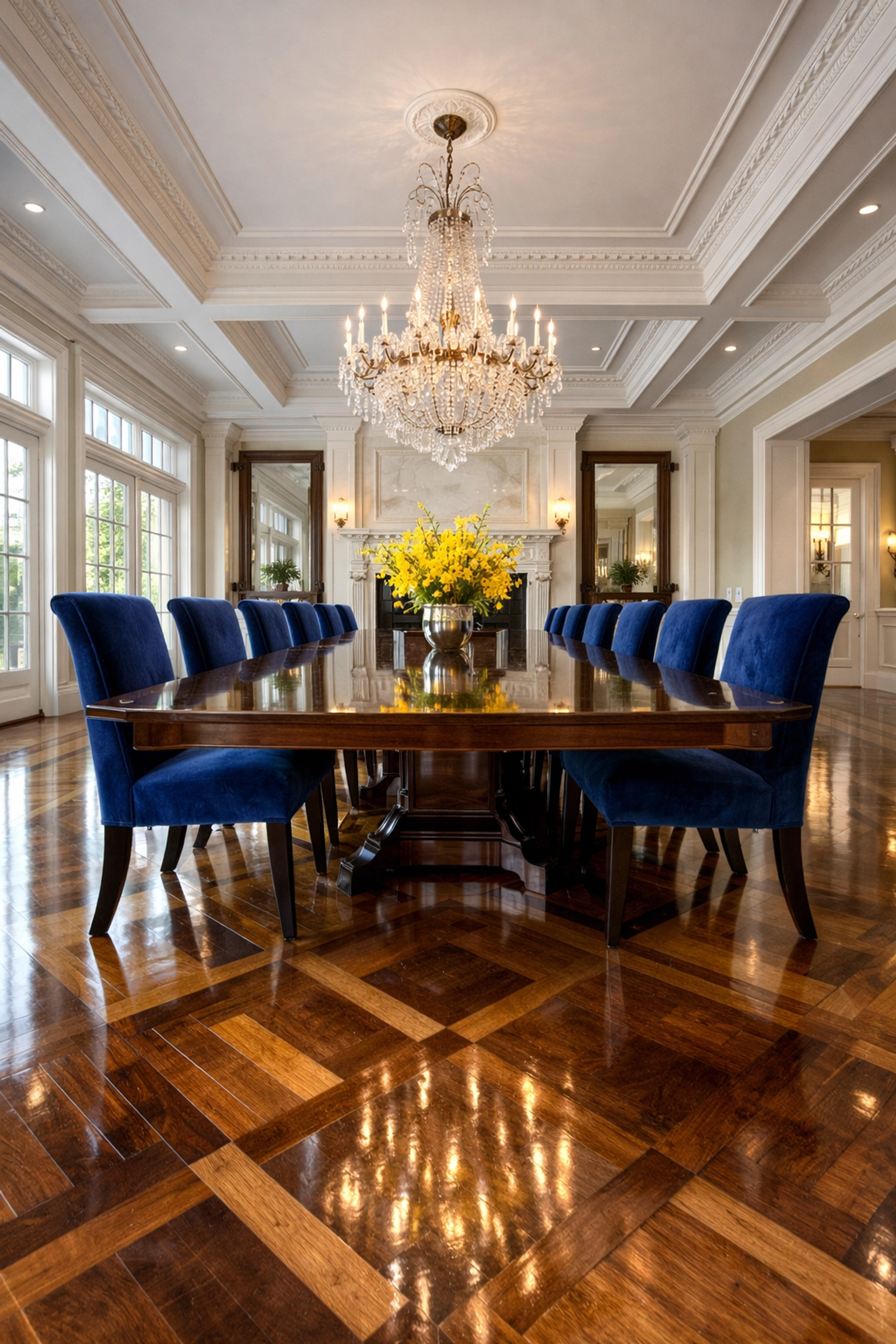 Polished hardwood floors in a grand Newton dining room, highlighting professional luxury house cleaning in Newton MA.
