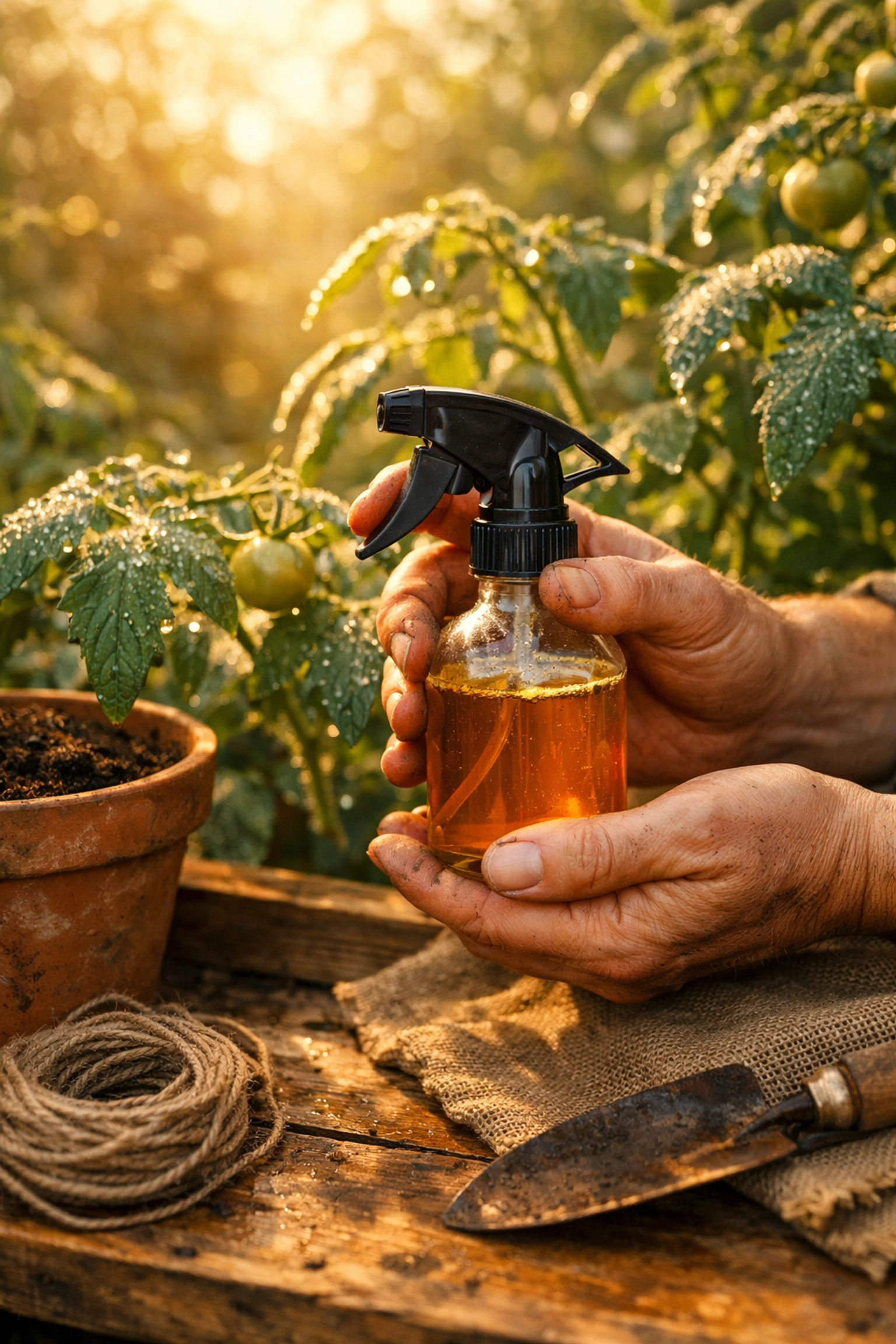 Gardener holding neem oil spray bottle in organic garden with heirloom tomato plants