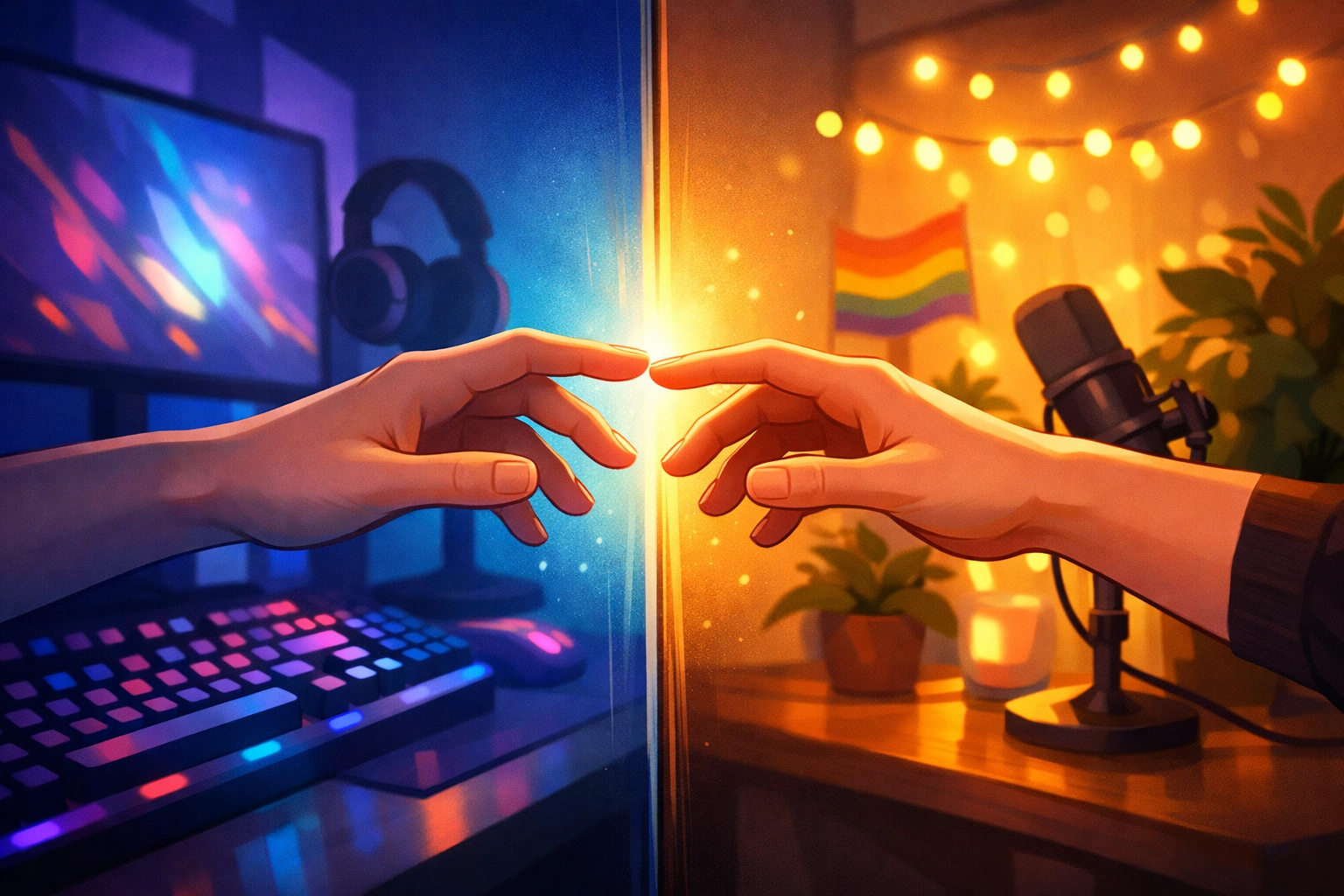 Hands reaching across gaming setups symbolizing connection in gay streamer romance