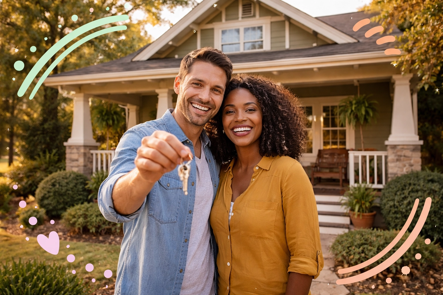 Smiling couple holding keys in front of a craftsman home in North Metro Atlanta representing successful homebuying