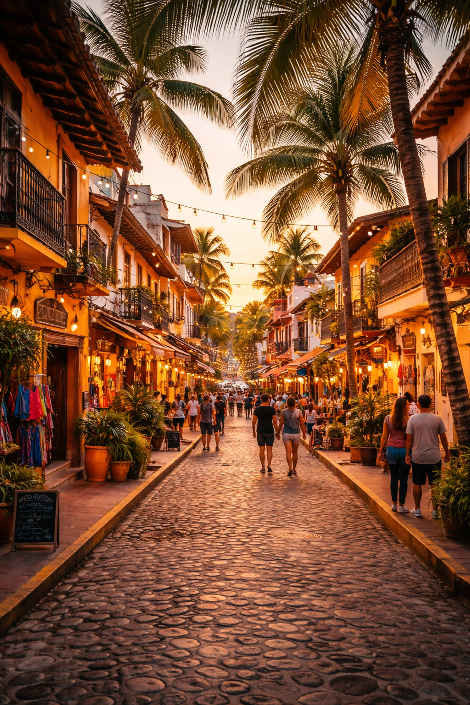 Cobblestone street in Zona Romántica Puerto Vallarta with colorful buildings and sunset