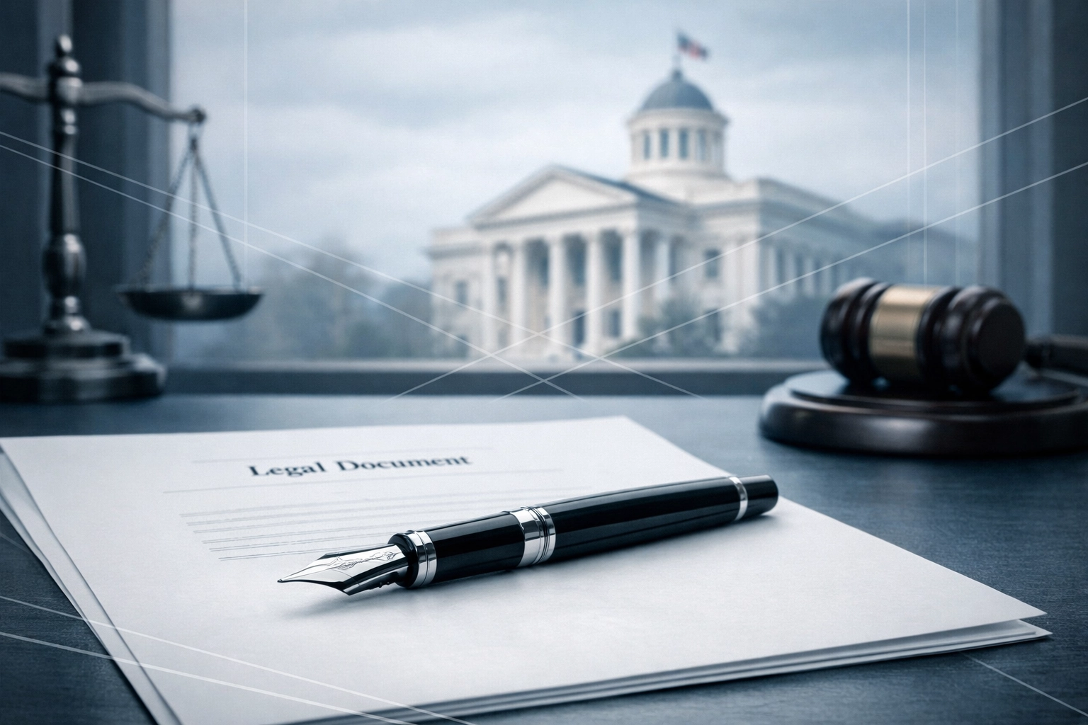 Professional legal documents and fountain pen with a Virginia courthouse background for Hampton Roads divorce cases.