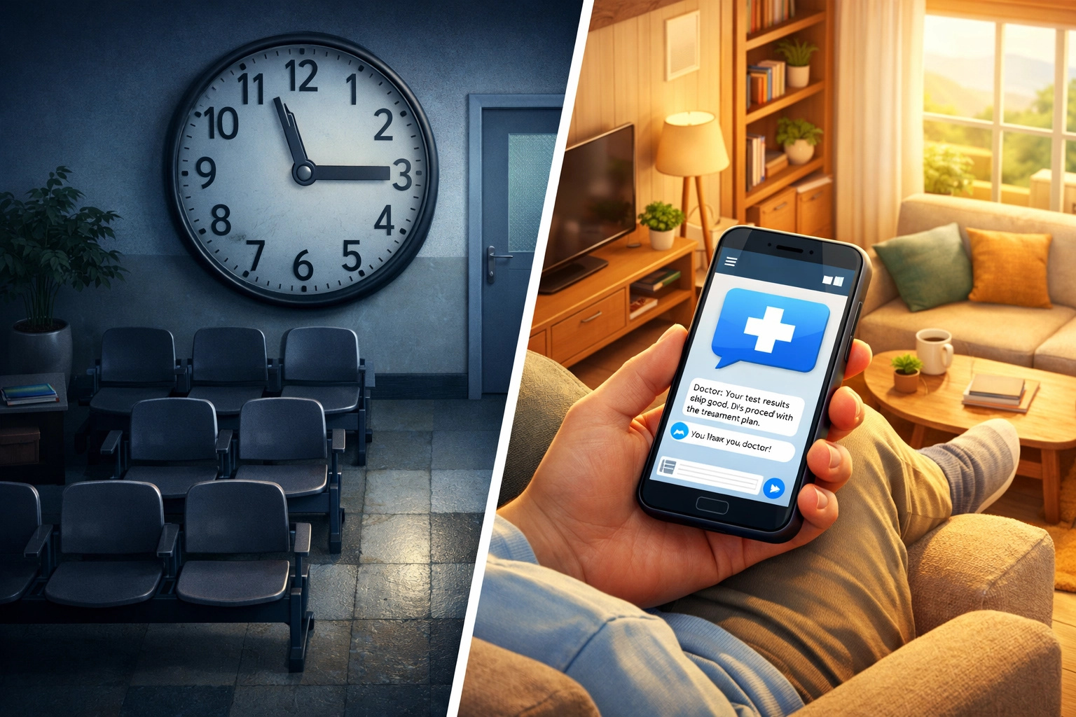 Traditional urgent care wait room vs online urgent care texting a doctor for fast prescriptions