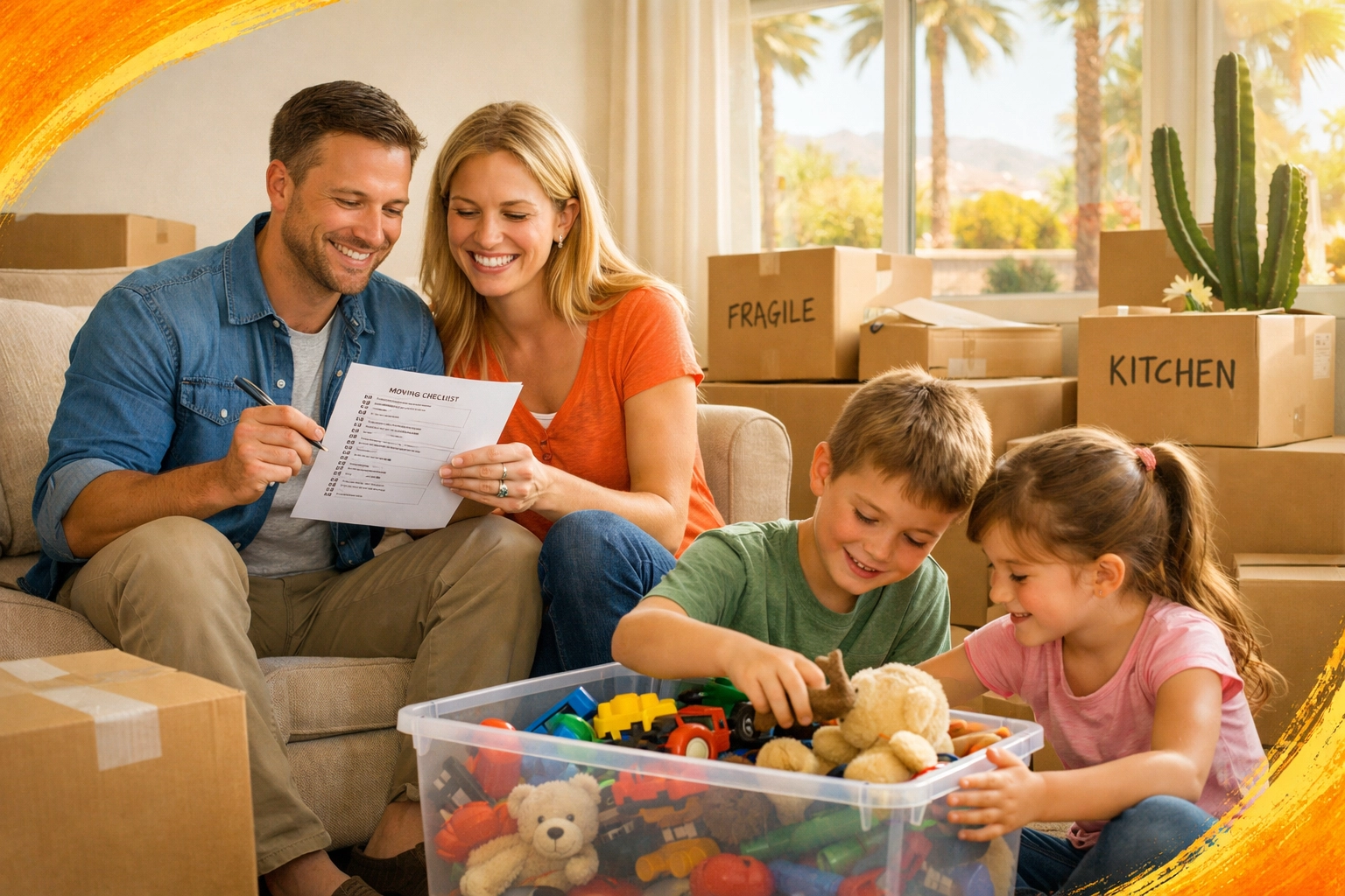 Family using checklist to organize moving boxes in Arizona home with stress-free planning Family using checklist to organize moving boxes in Arizona home with stress-free planning