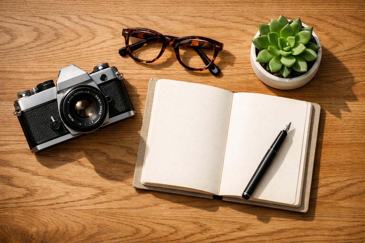 Erie photographer branding session setup with flat-lay props like a vintage camera, glasses, and a notebook.