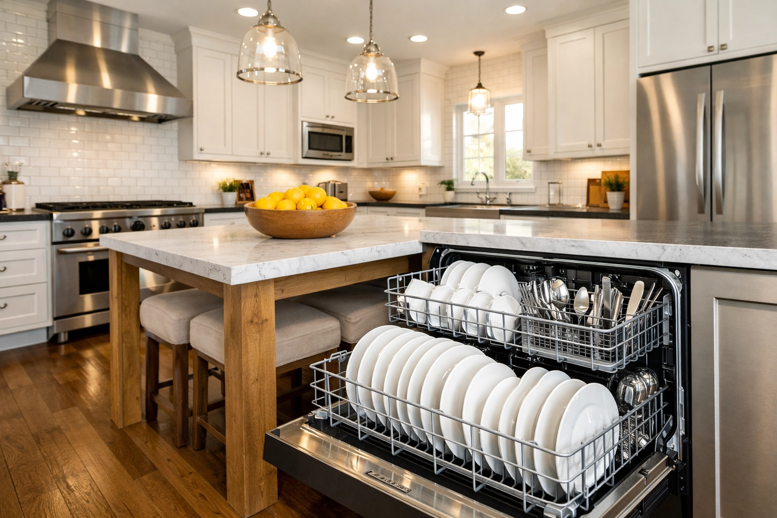 Gleaming clean dishes and silverware in a well-maintained modern dishwasher.