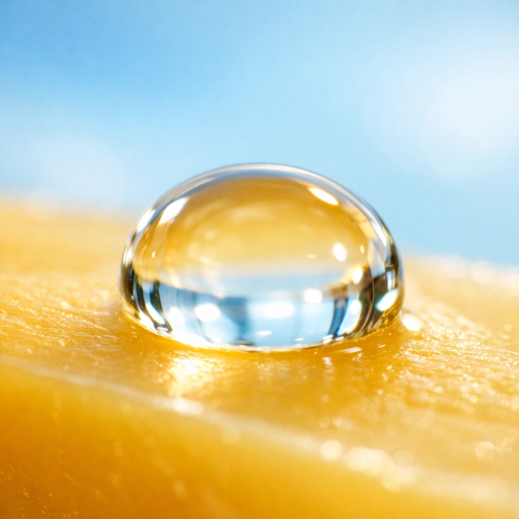 Macro of a water droplet on smooth beeswax, showing the natural moisture barrier for chapped lips.