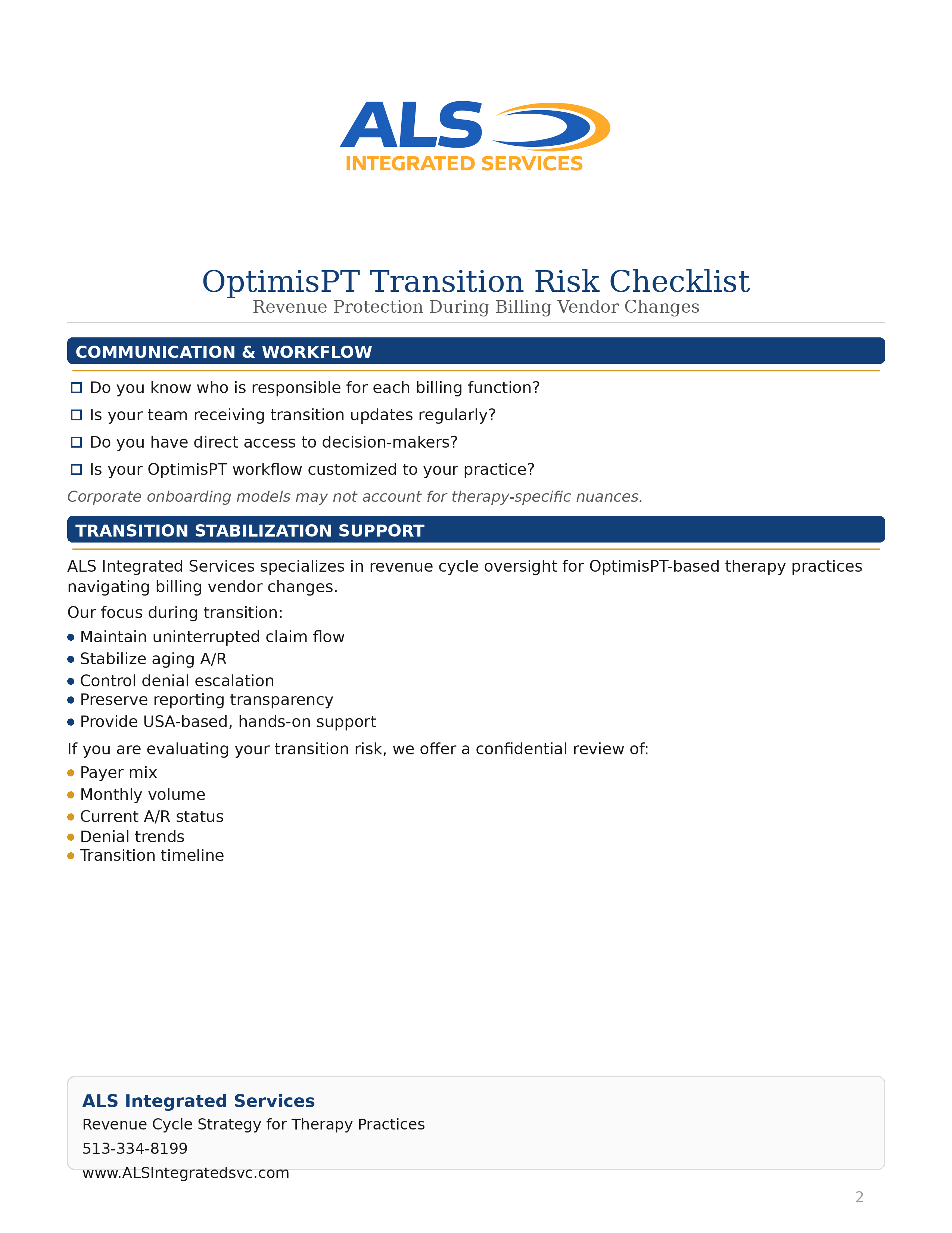 Do You Really Need In-House Therapy Billing? Here’s the Truth OptimisPT Transition Risk Checklist (ALS Integrated Services)