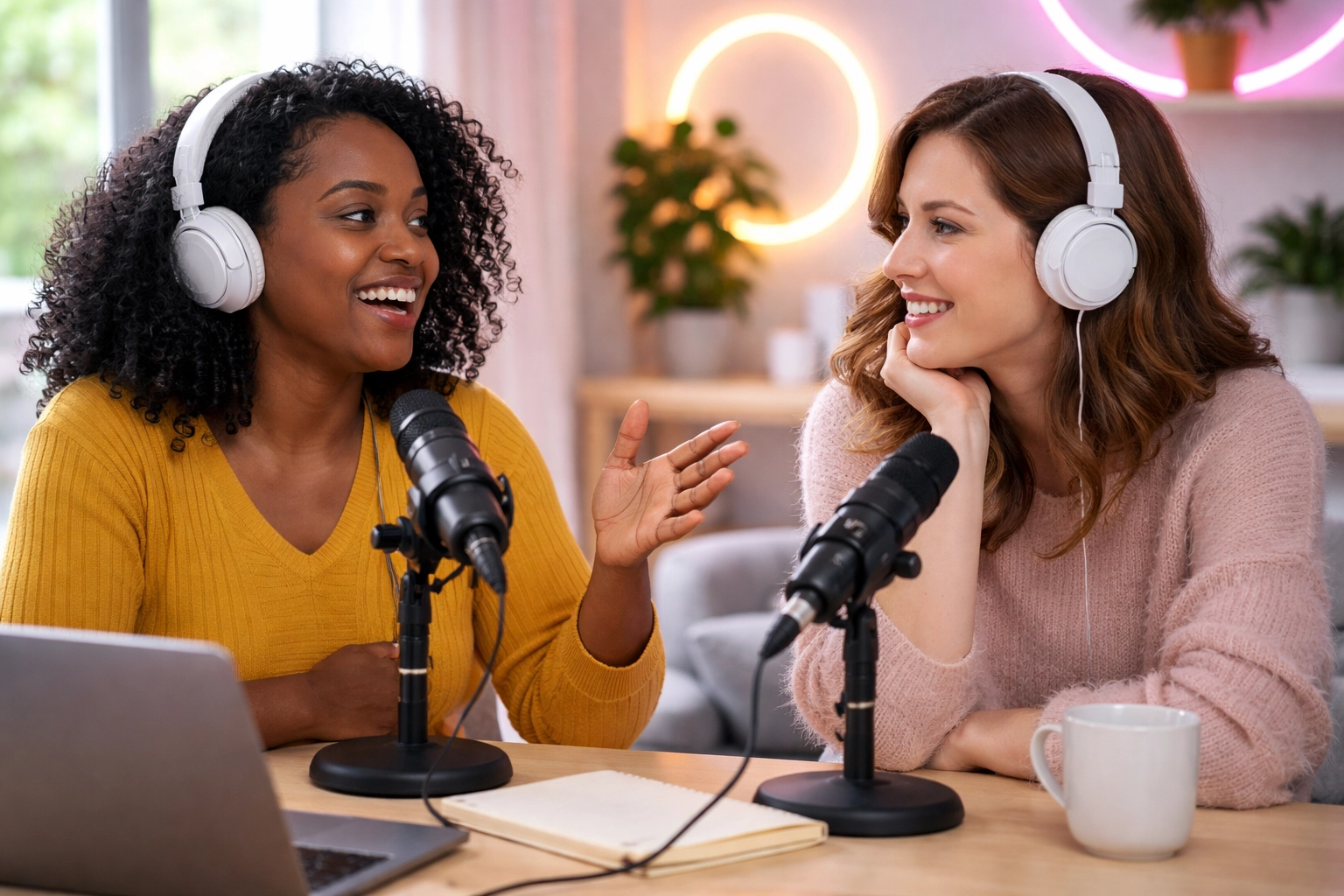 Two women having an emotional conversation in a podcast studio, highlighting the safe space for trans women and crossdressers.