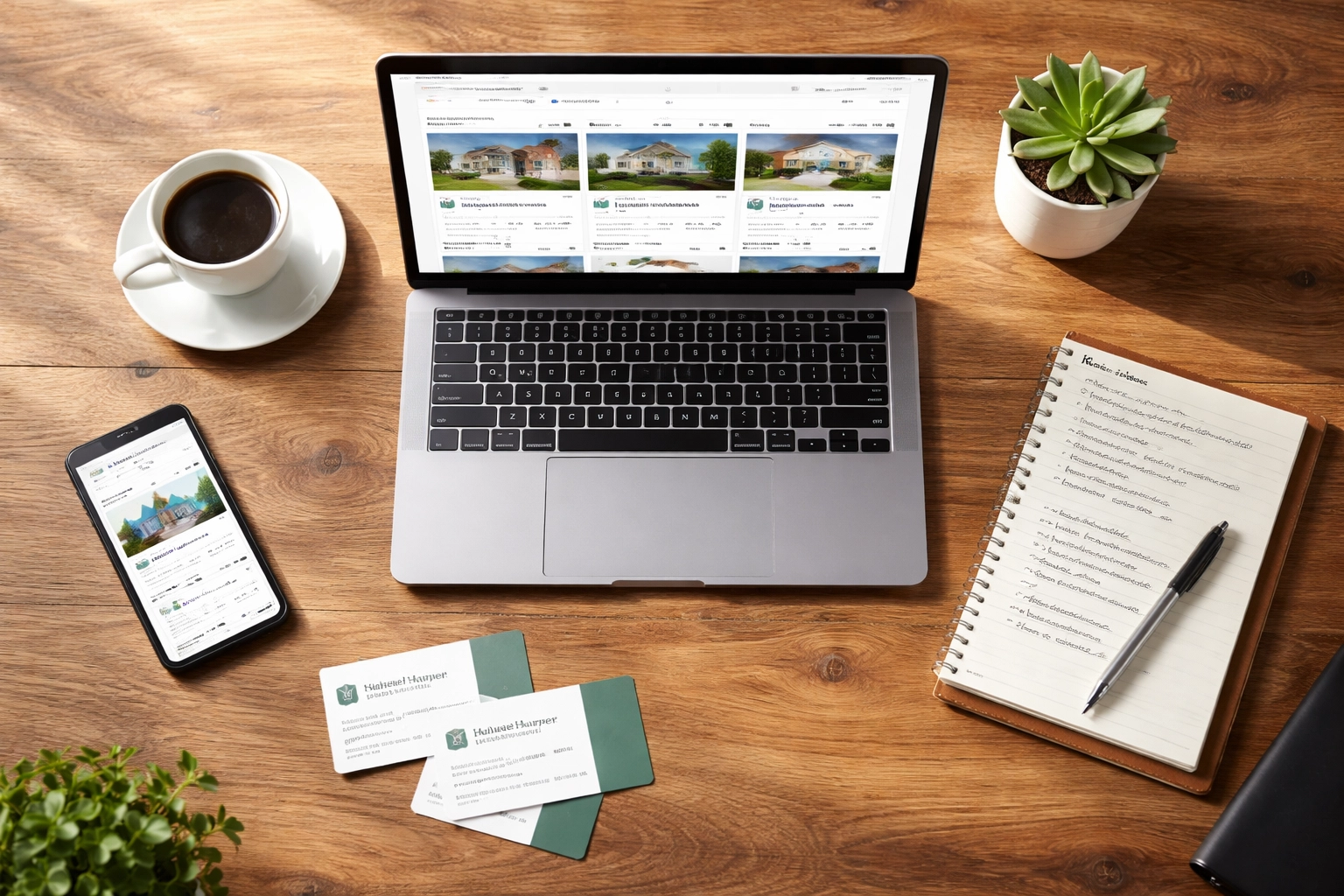 Modern investor's desk with property listings and business tools, representing the real estate investment platform workspace