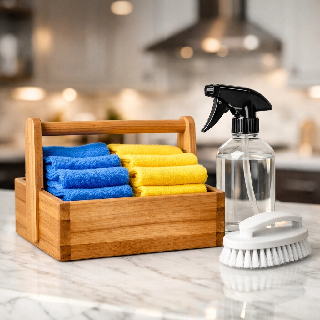 High-quality sanitized cleaning tools and cloths ready for professional House Cleaning Pepperell MA.