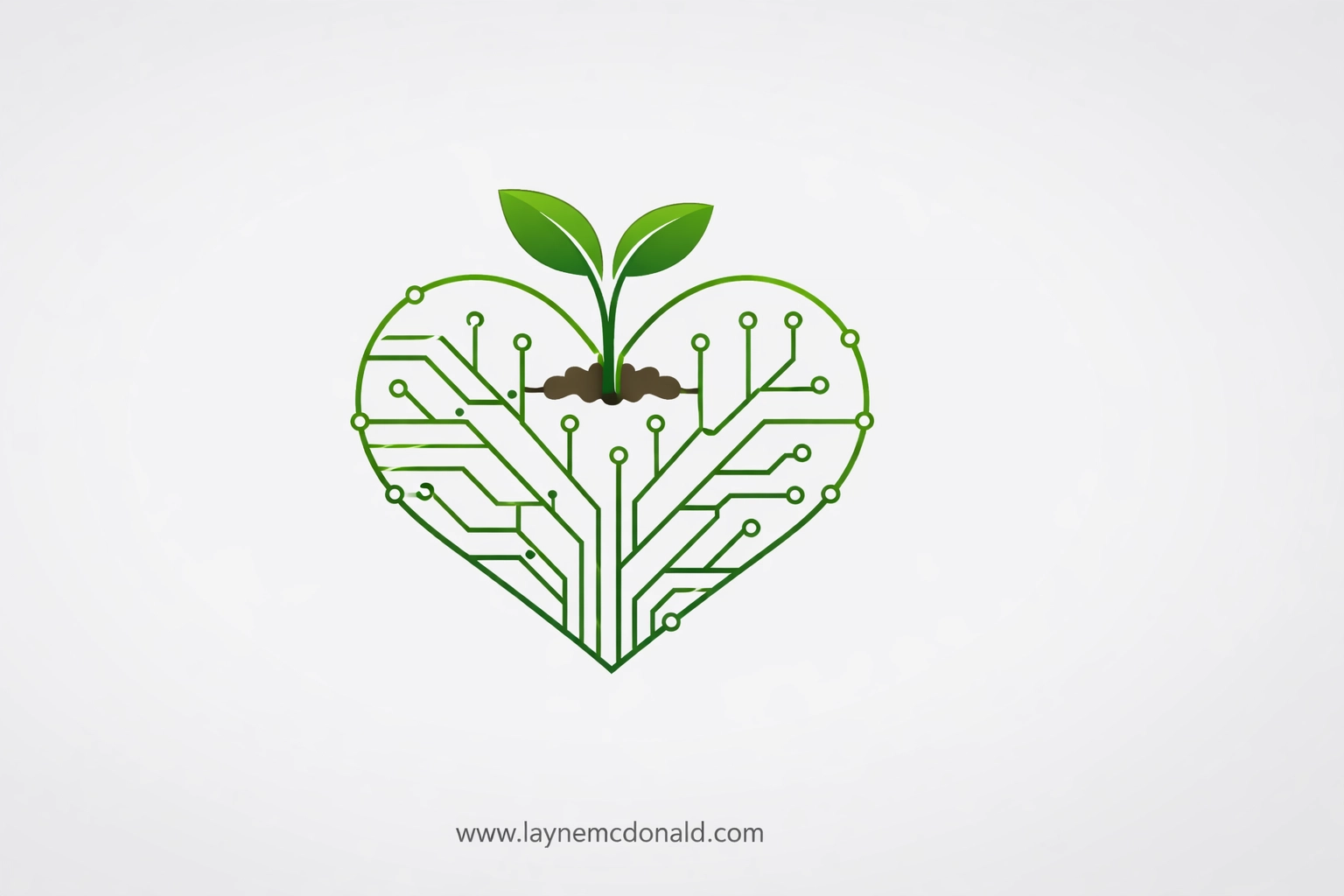 A green sprout growing from a geometric circuit heart representing the growth of the Gospel online.