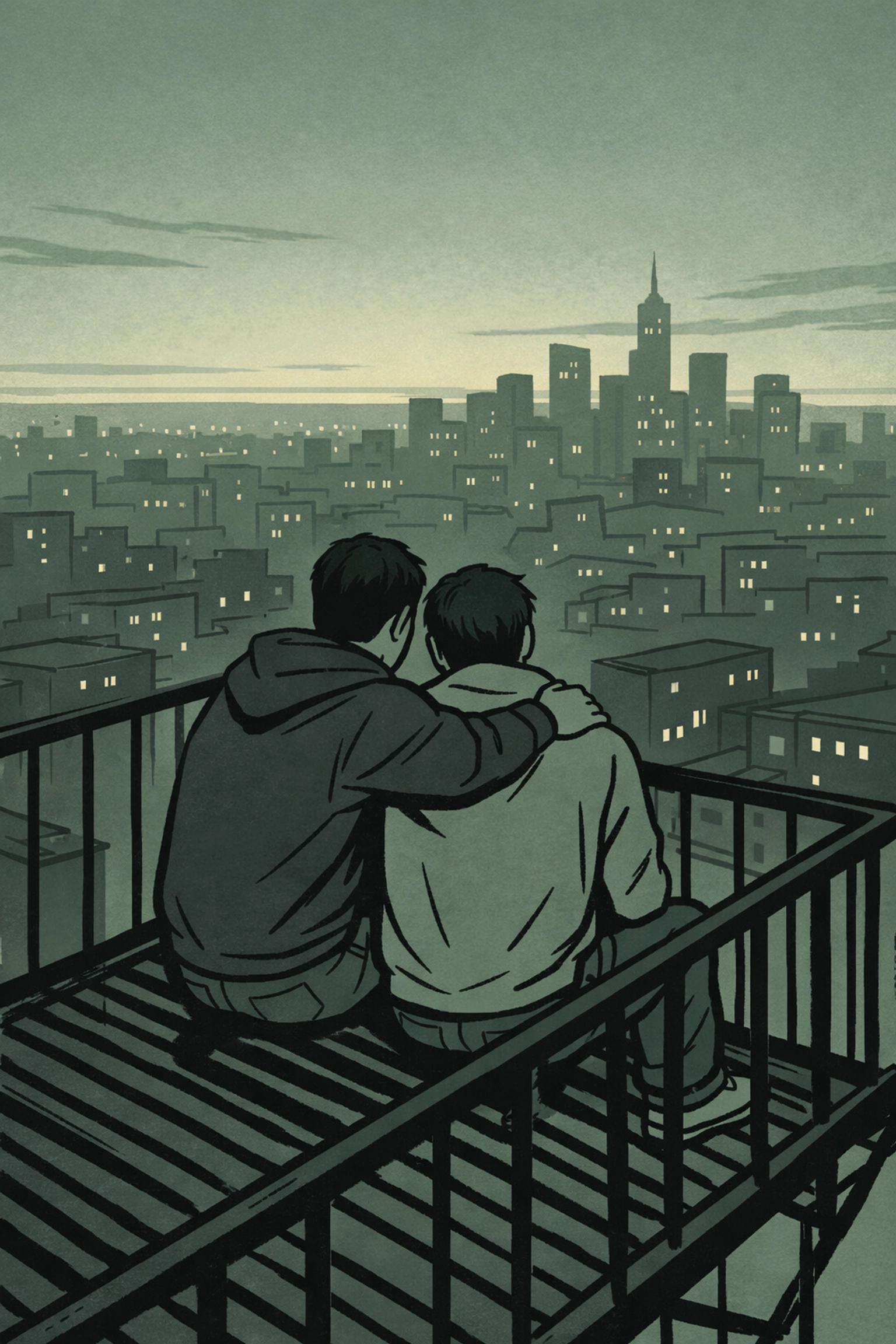 Gay couple on urban fire escape at dawn - city MM romance scene