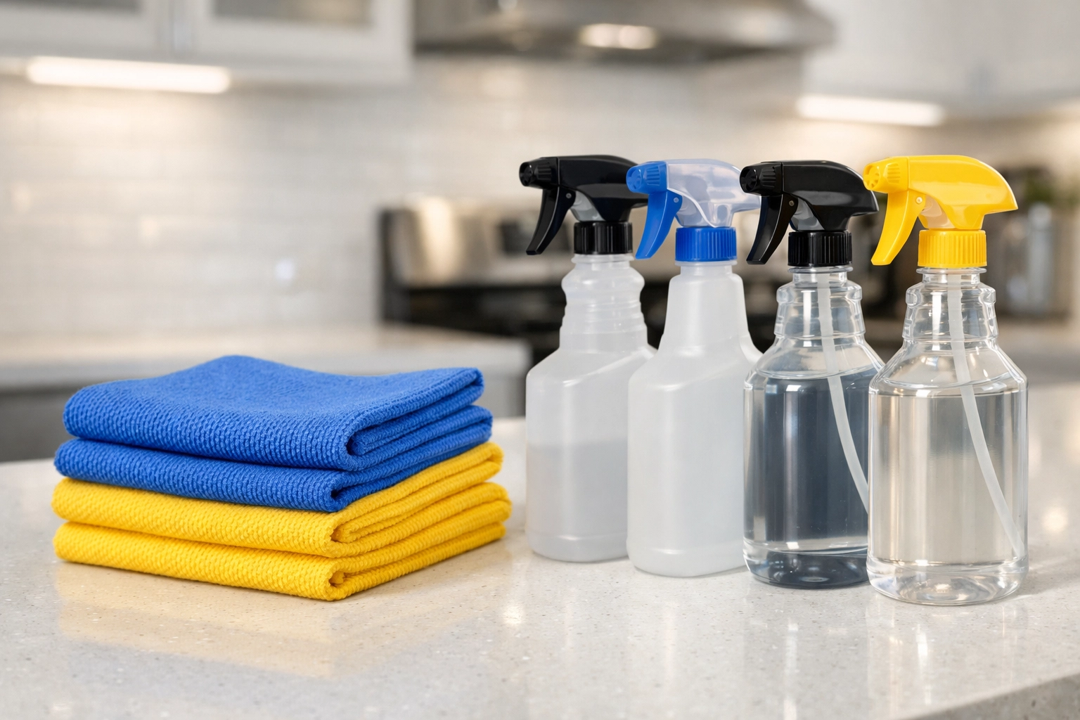 Professional cleaning supplies and microfiber cloths ready for apartment cleaning in Bedford services.